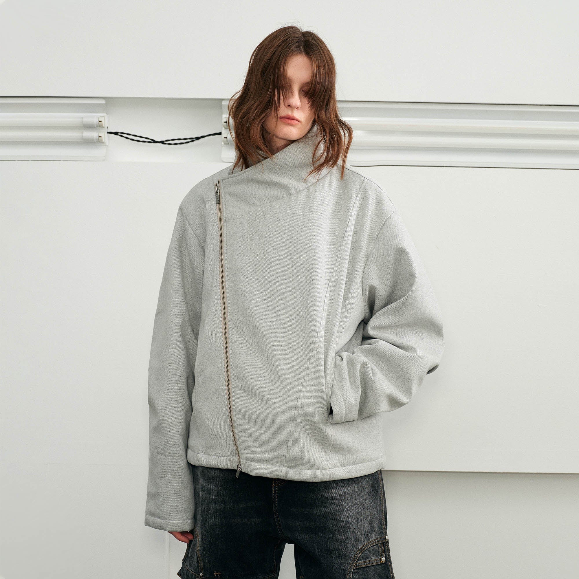 KREATE Detachable Faux Fur Collar Asymmetrical Jacket