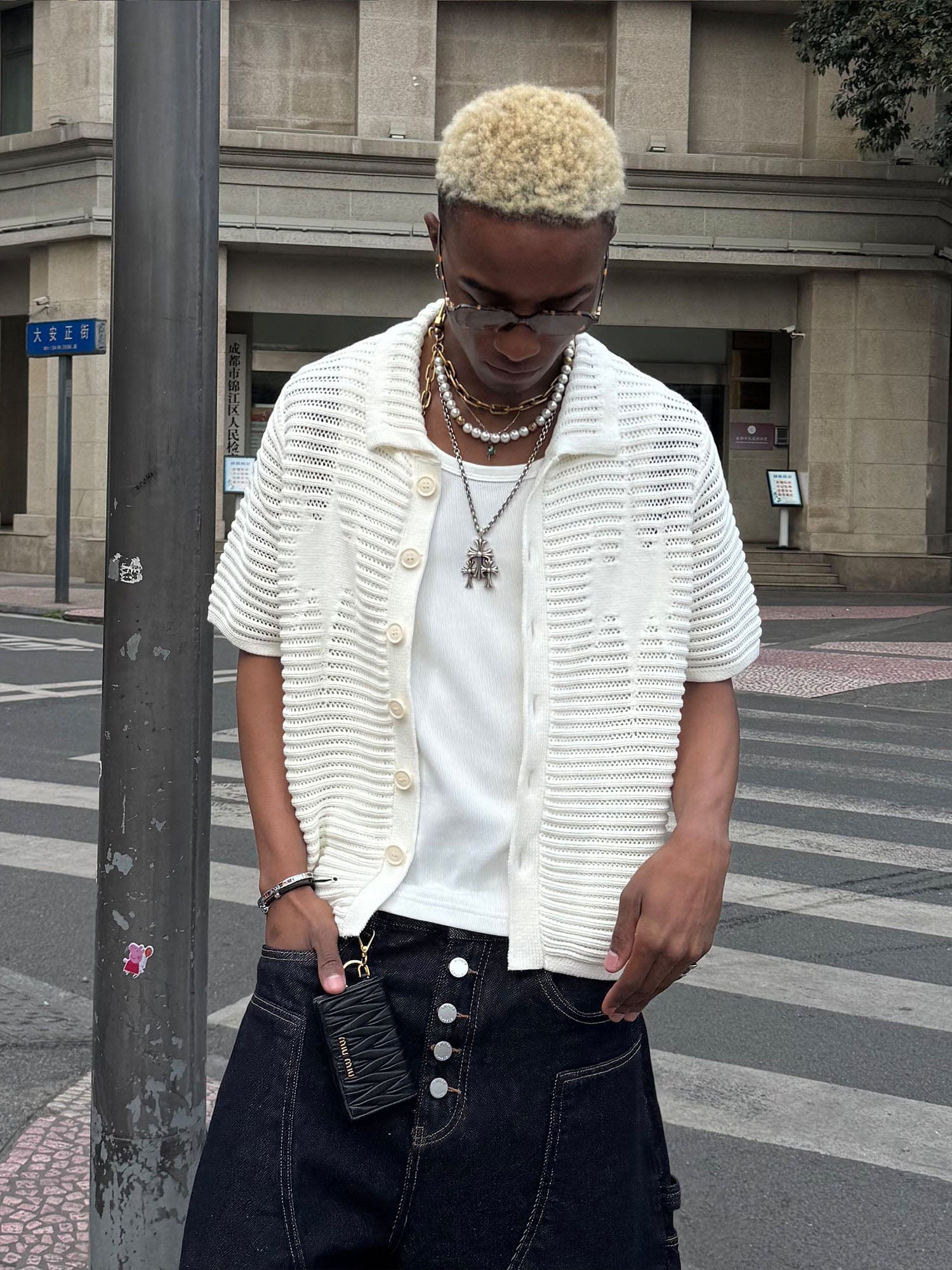 STEEPC Hollow-Out Knit Polo Half Shirt
