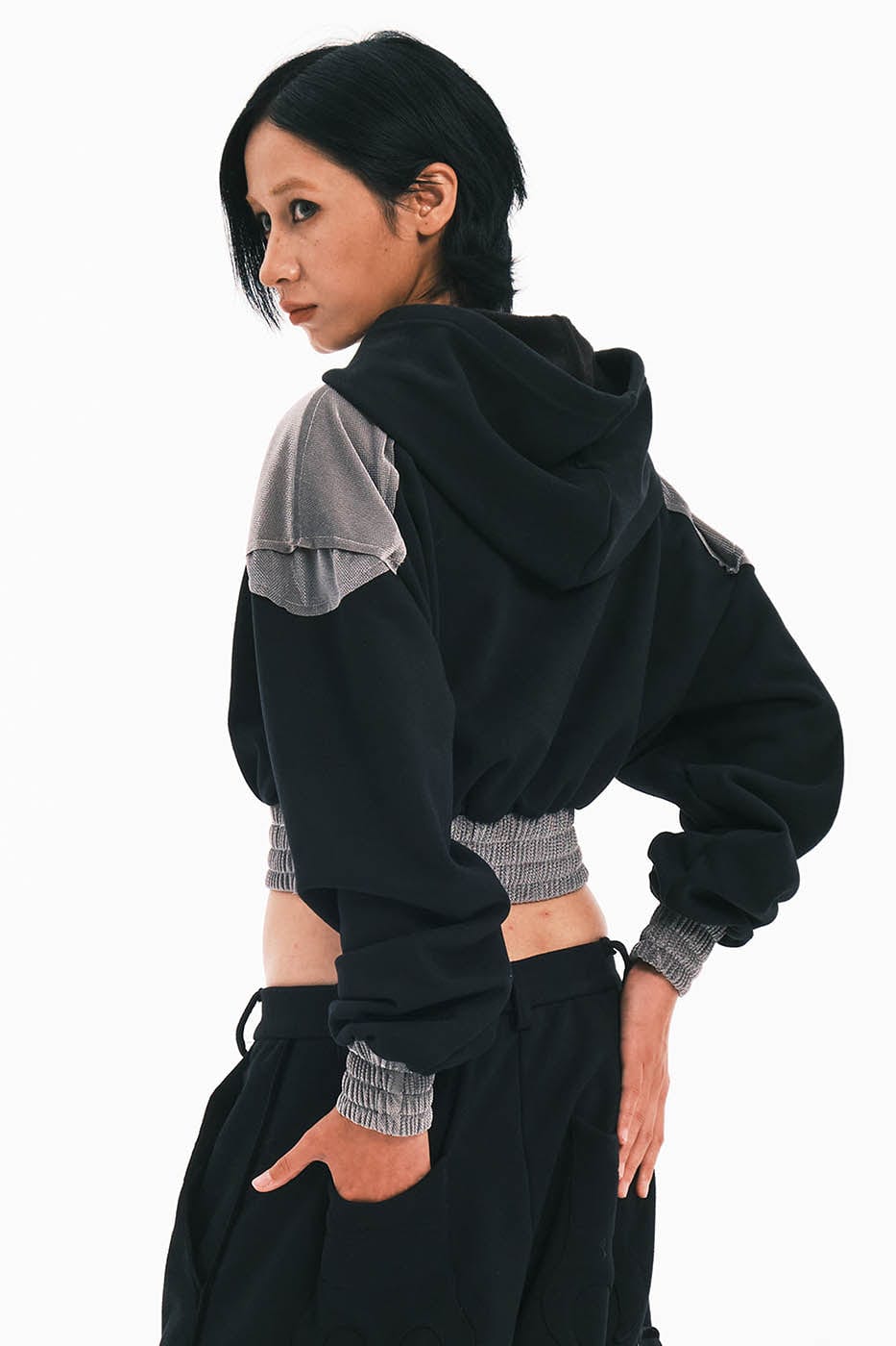 EMBRYO Bat Patchwork Cropped Hoodie