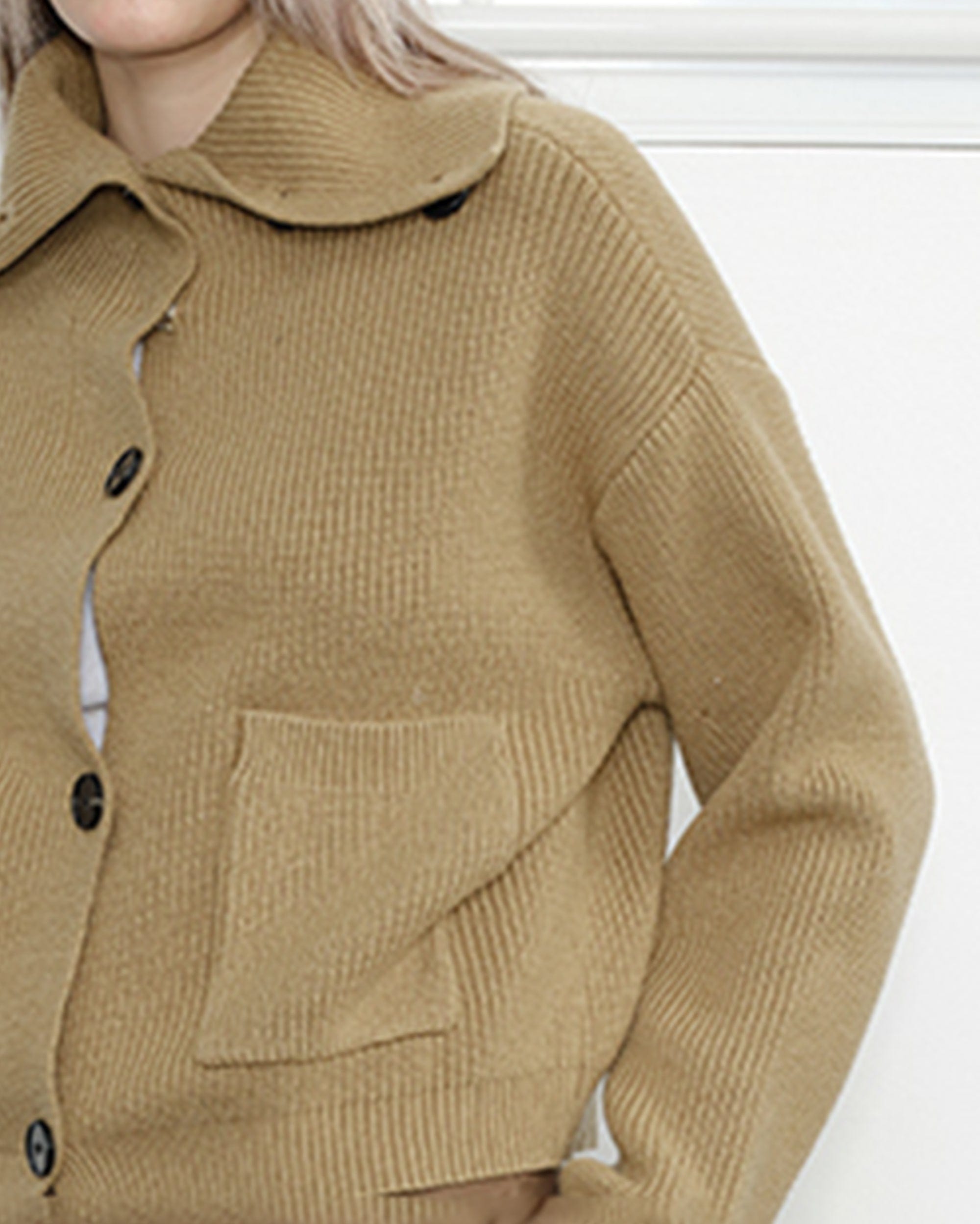 KREATE High-Collar Big-Pocket Button-Up Knitted Jacket