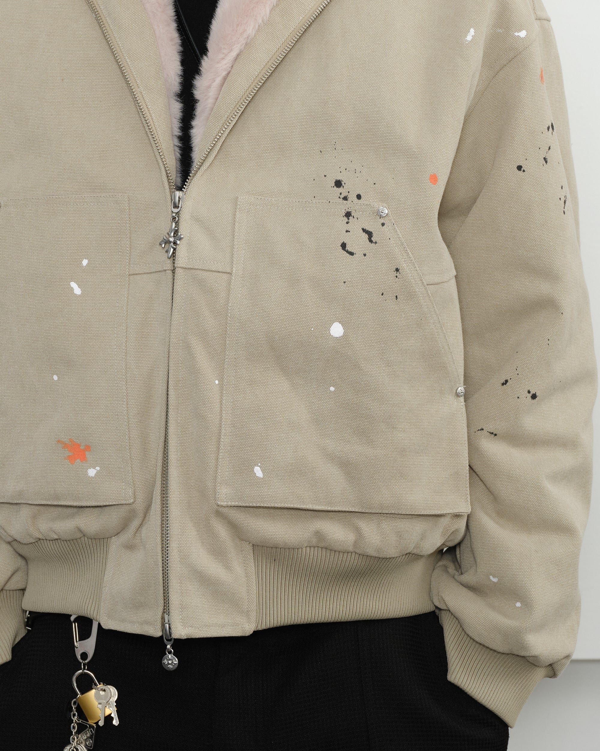 KREATE Rivet Zipper Paint-splattered Fleece-Lined Hooded Jacket