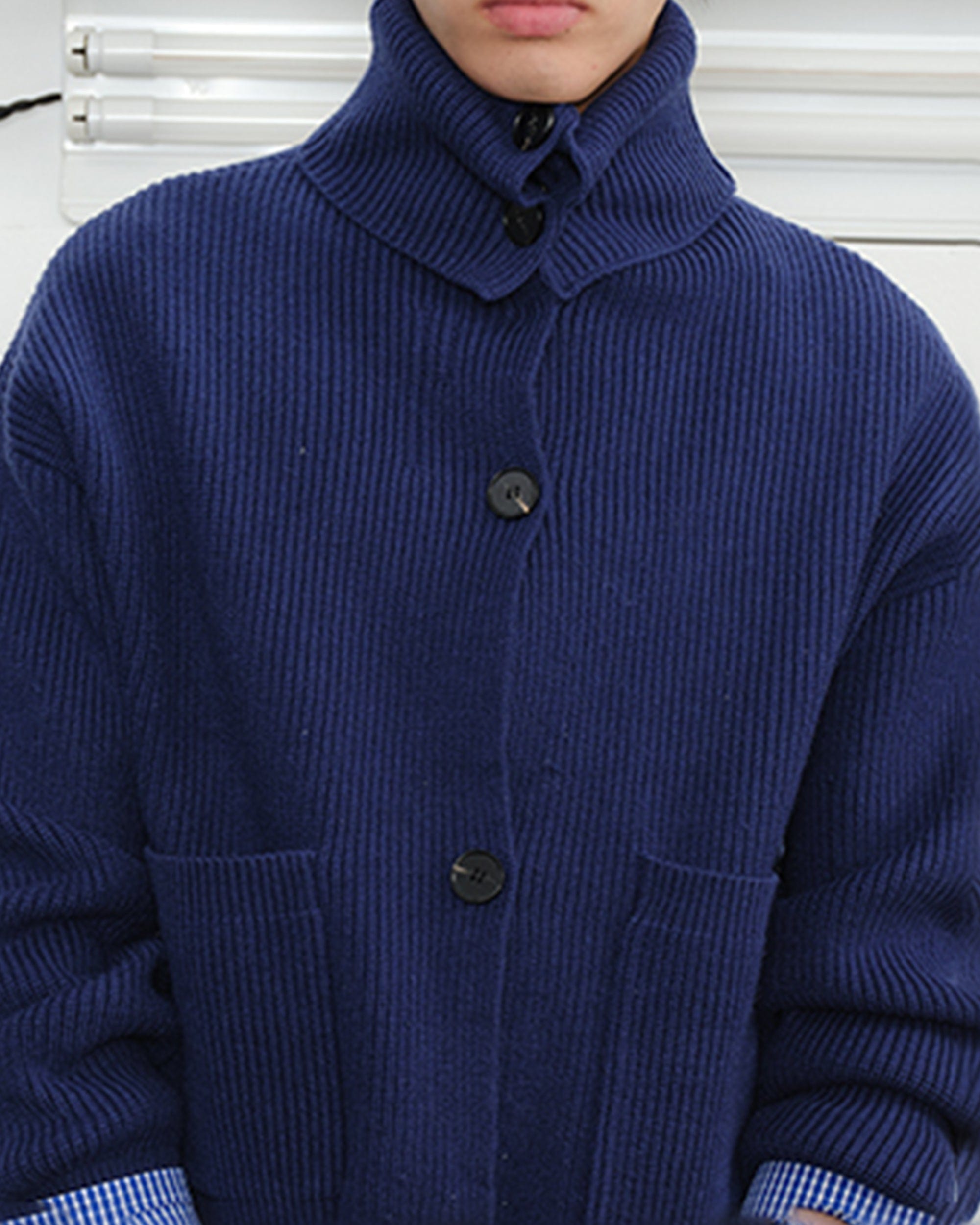 KREATE High-Collar Big-Pocket Button-Up Knitted Jacket