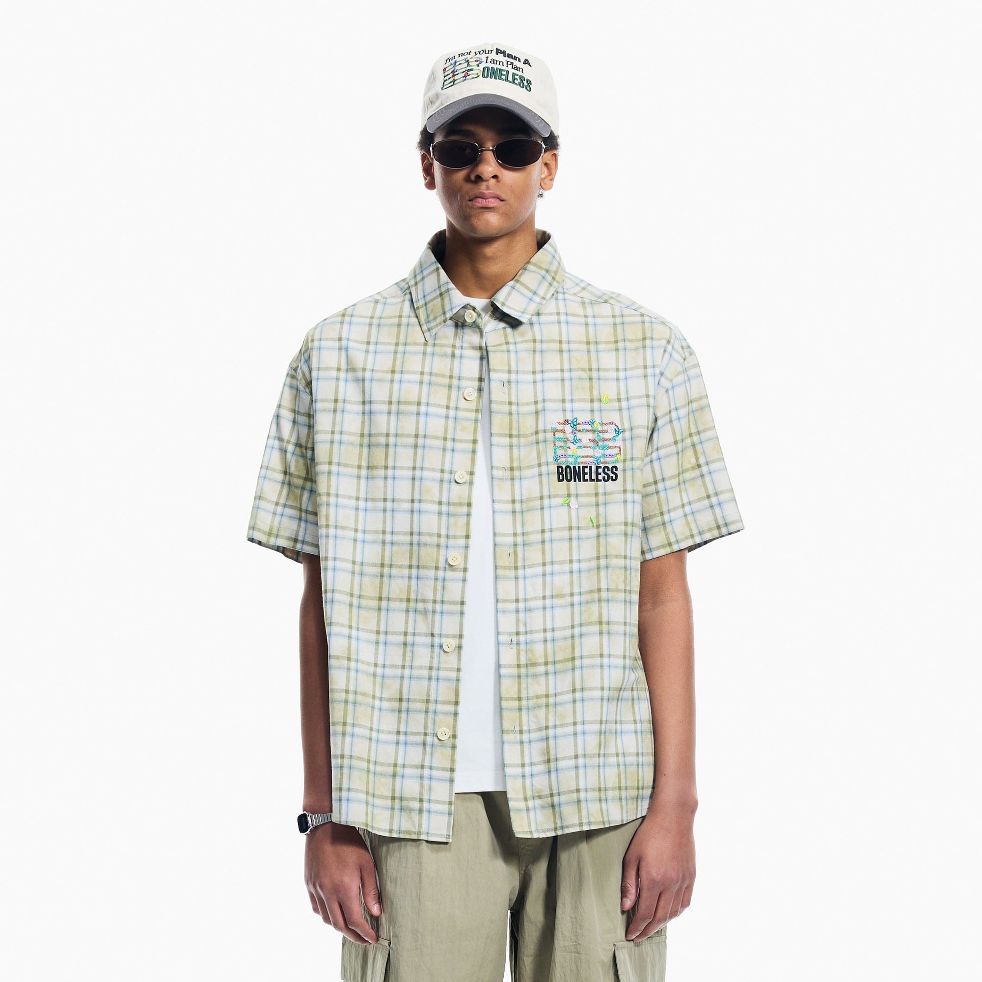 BONELESS Plaid Floral Logo Embroidered Shirt