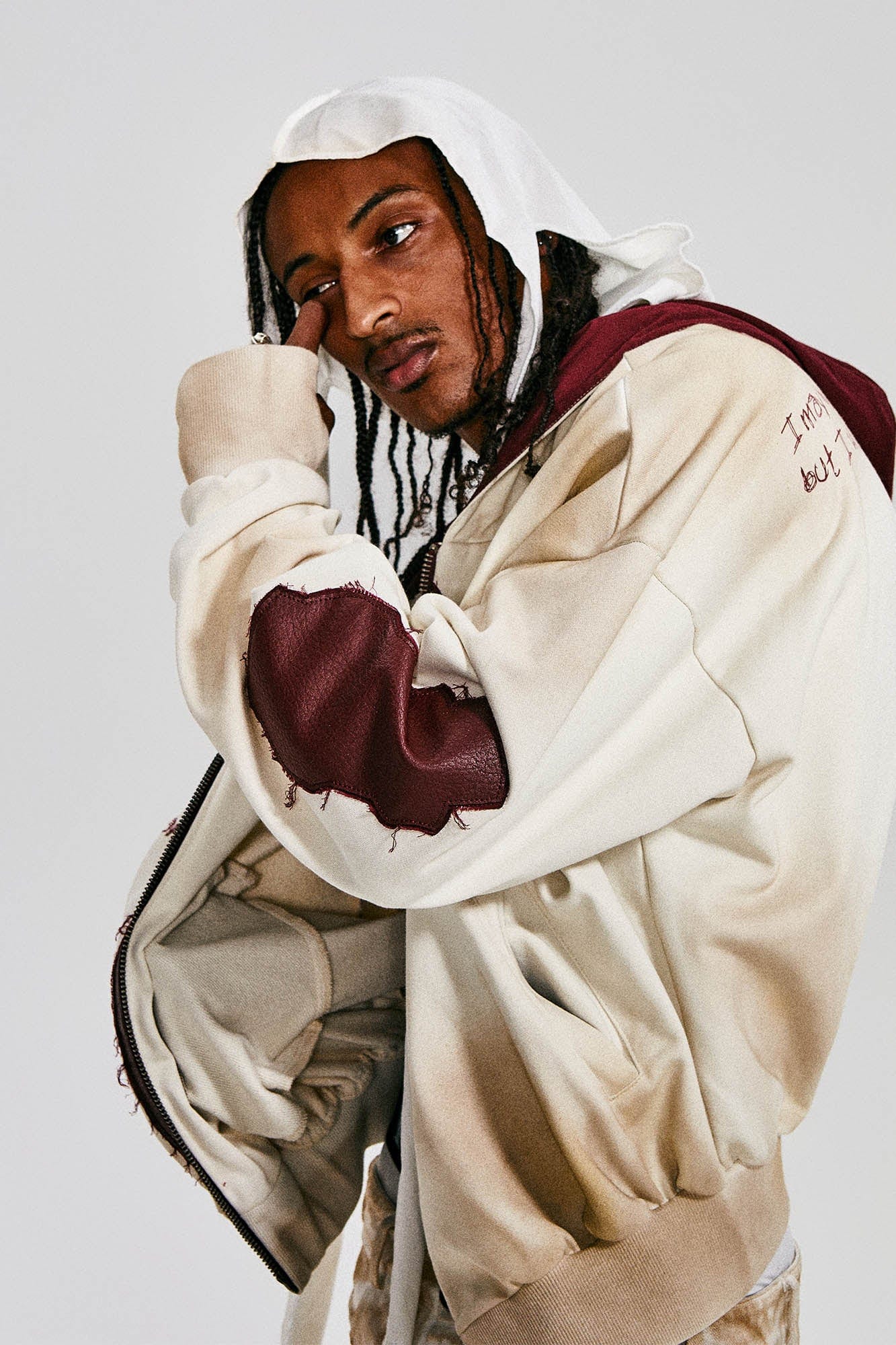 FLYERRER Distressed Cross Patch Studded Hooded Jacket