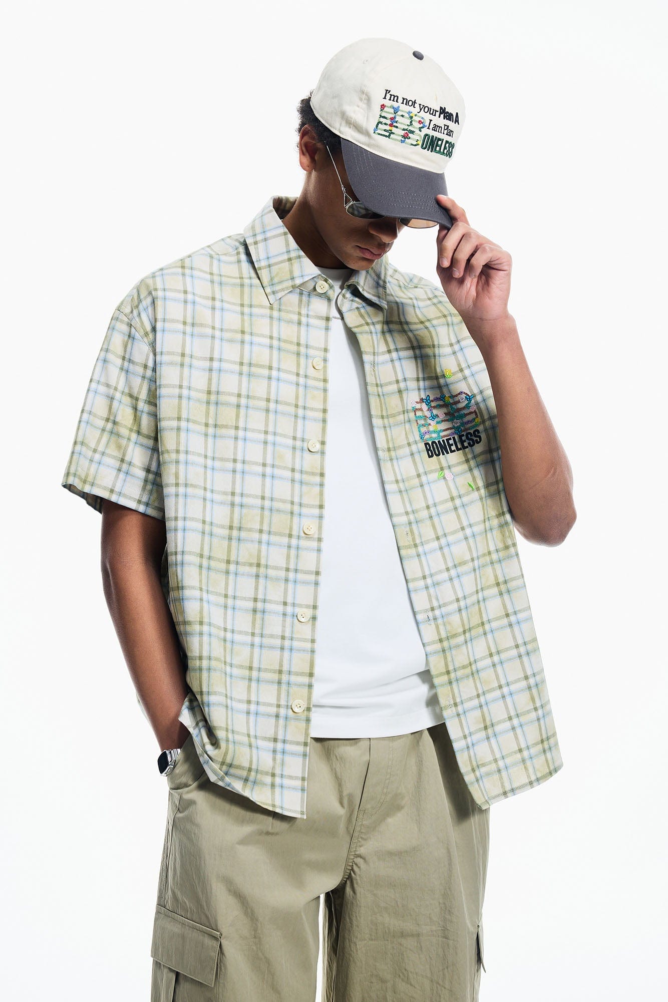 BONELESS Plaid Floral Logo Embroidered Shirt