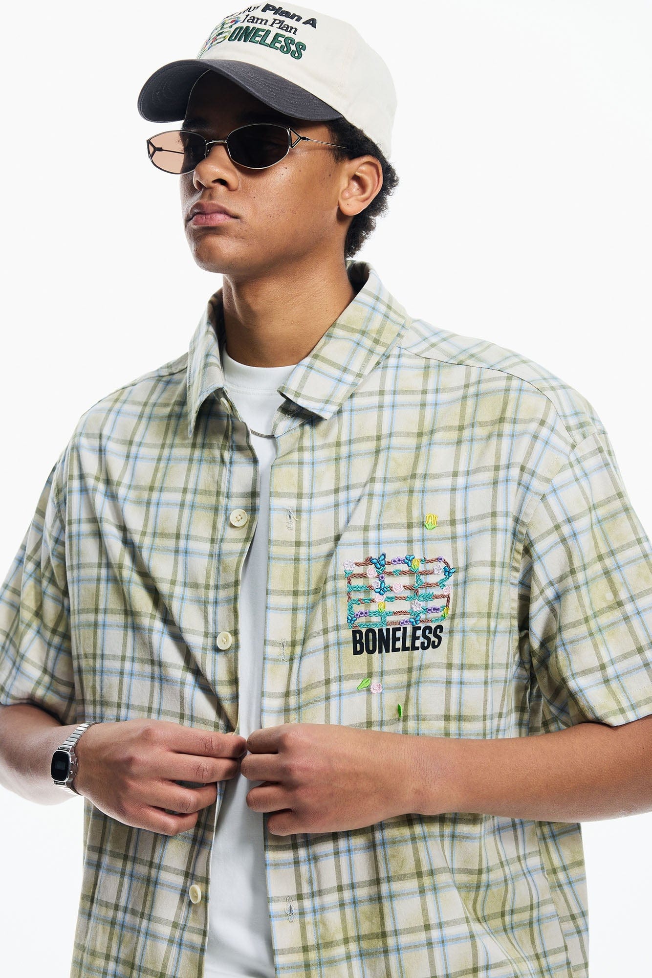 BONELESS Plaid Floral Logo Embroidered Shirt