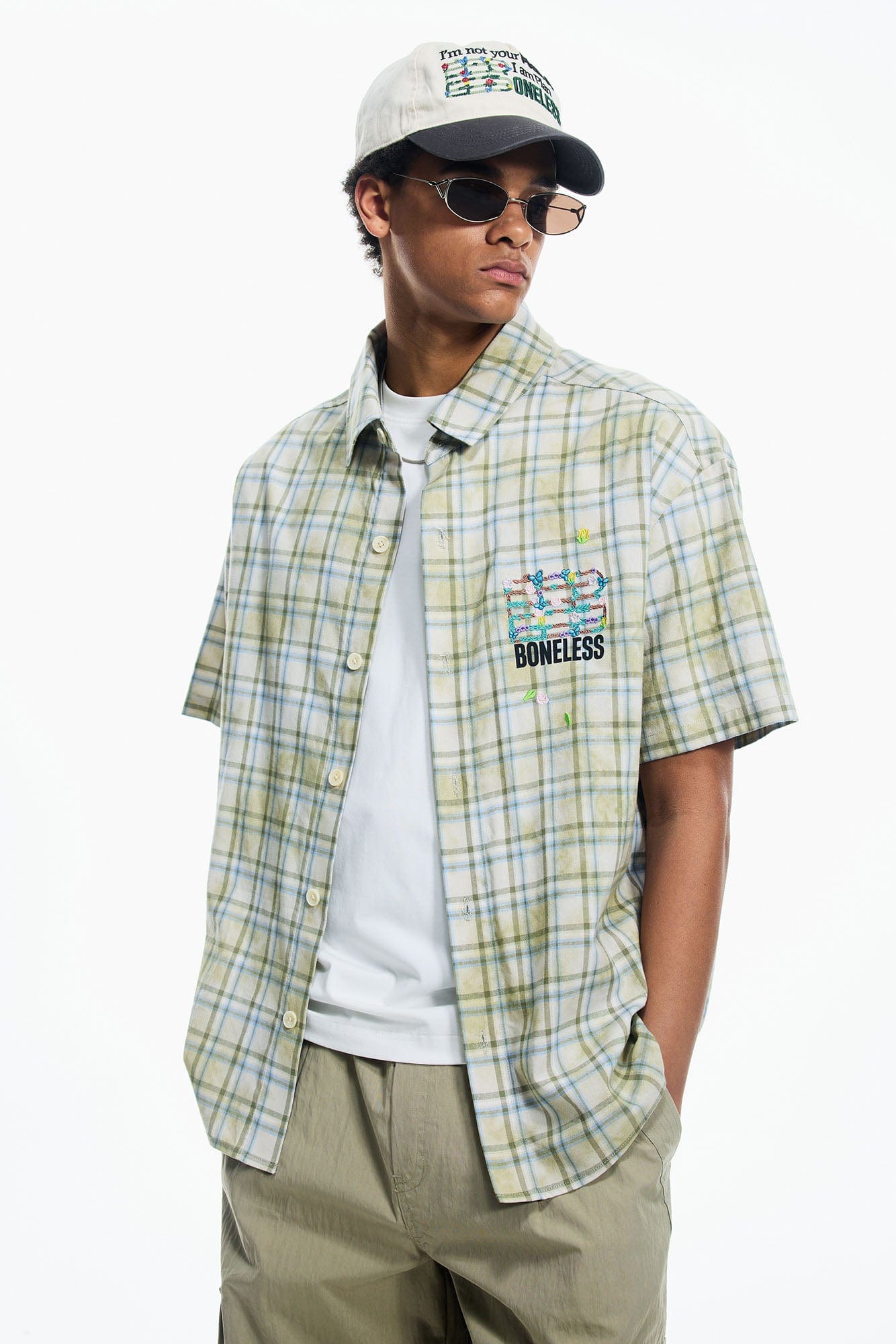 BONELESS Plaid Floral Logo Embroidered Shirt
