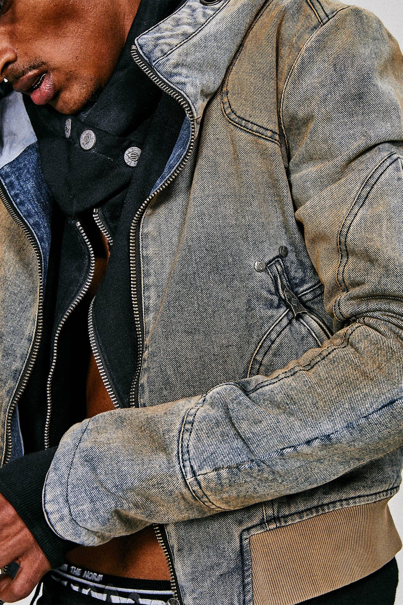 FLYERRER Distressed Spliced Studded Hooded Short Denim Jacket