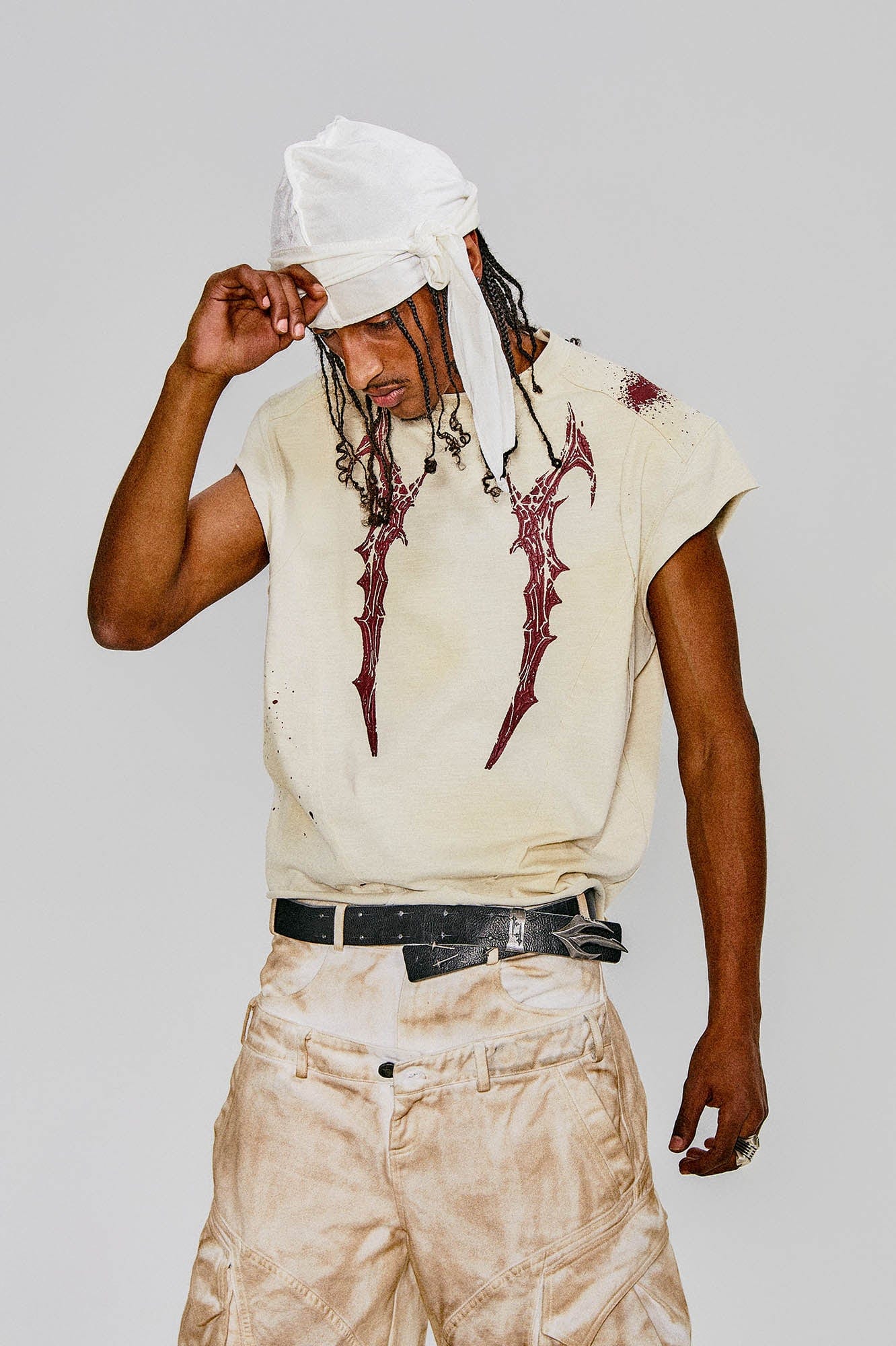 FLYERRER Deconstructed Distressed Scythe-Graphic Cap Sleeve Tee