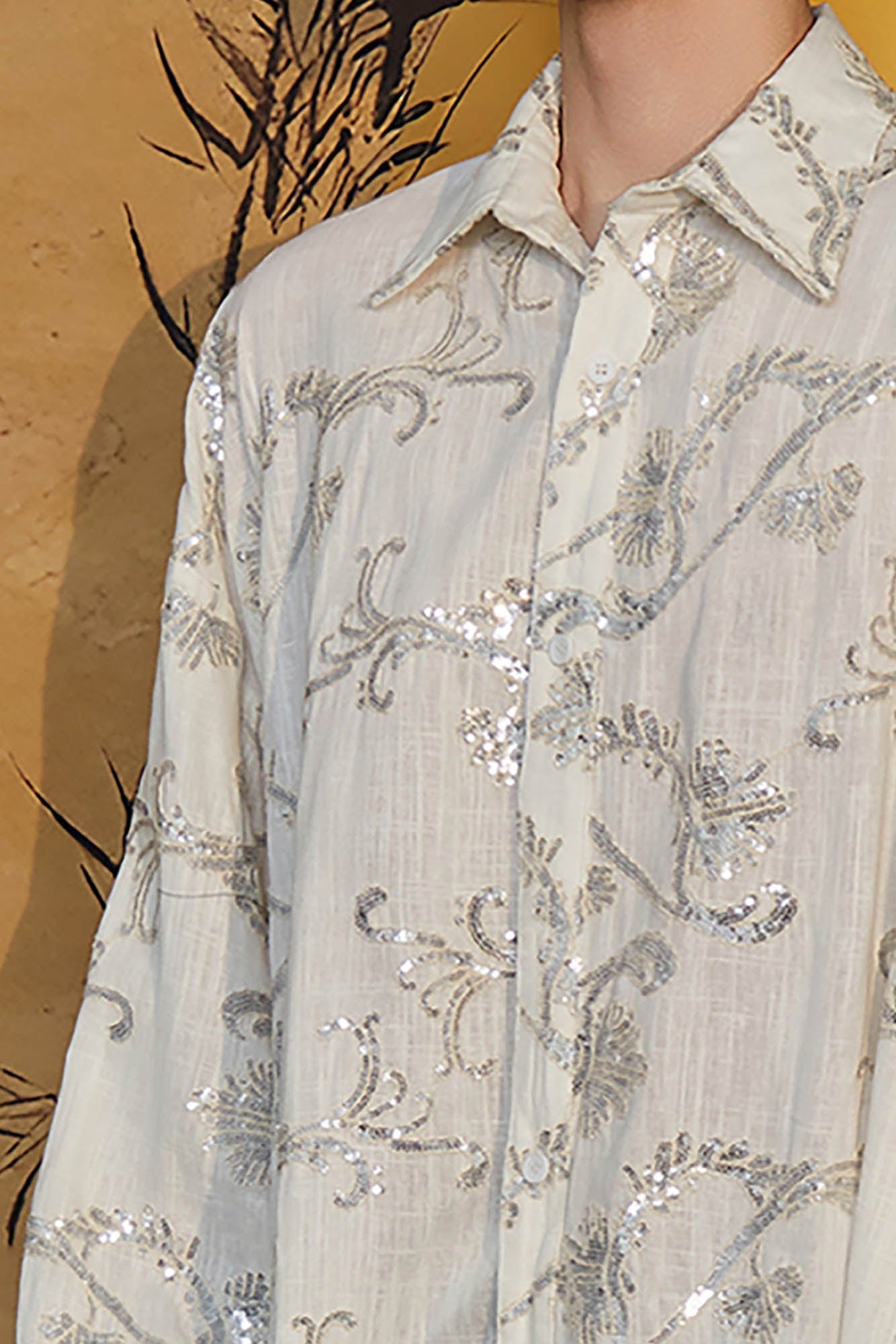 JIECHI Curly Sequin Embroidered Sheer Oversized Shirt