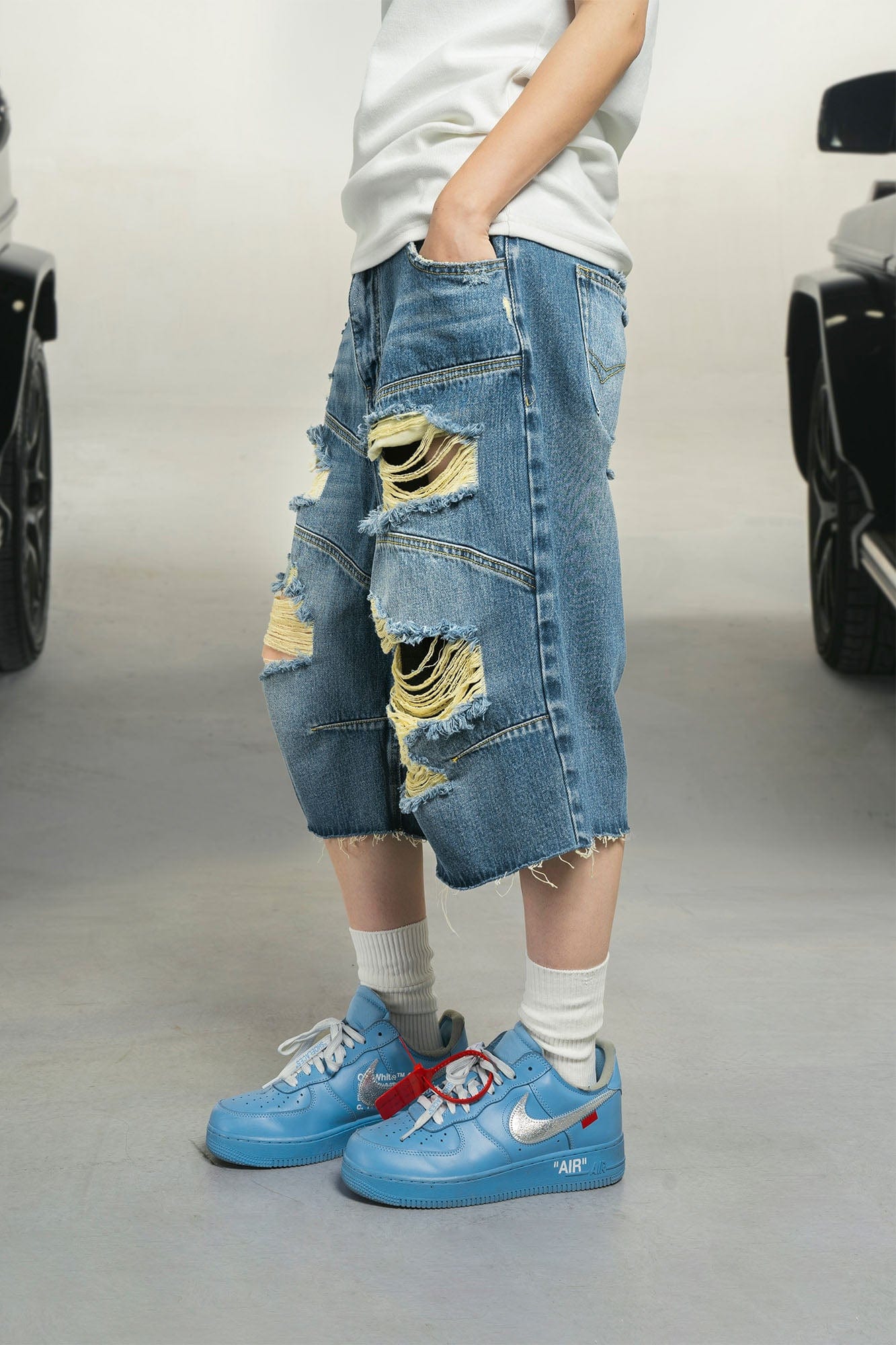 MAKEMORE Distressed Arc Spliced Ripped Denim Shorts