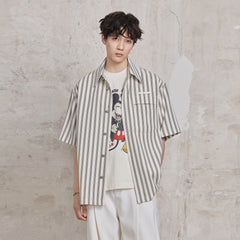 FACEONLAB Retro Textured Contrast Stripe Half Shirt