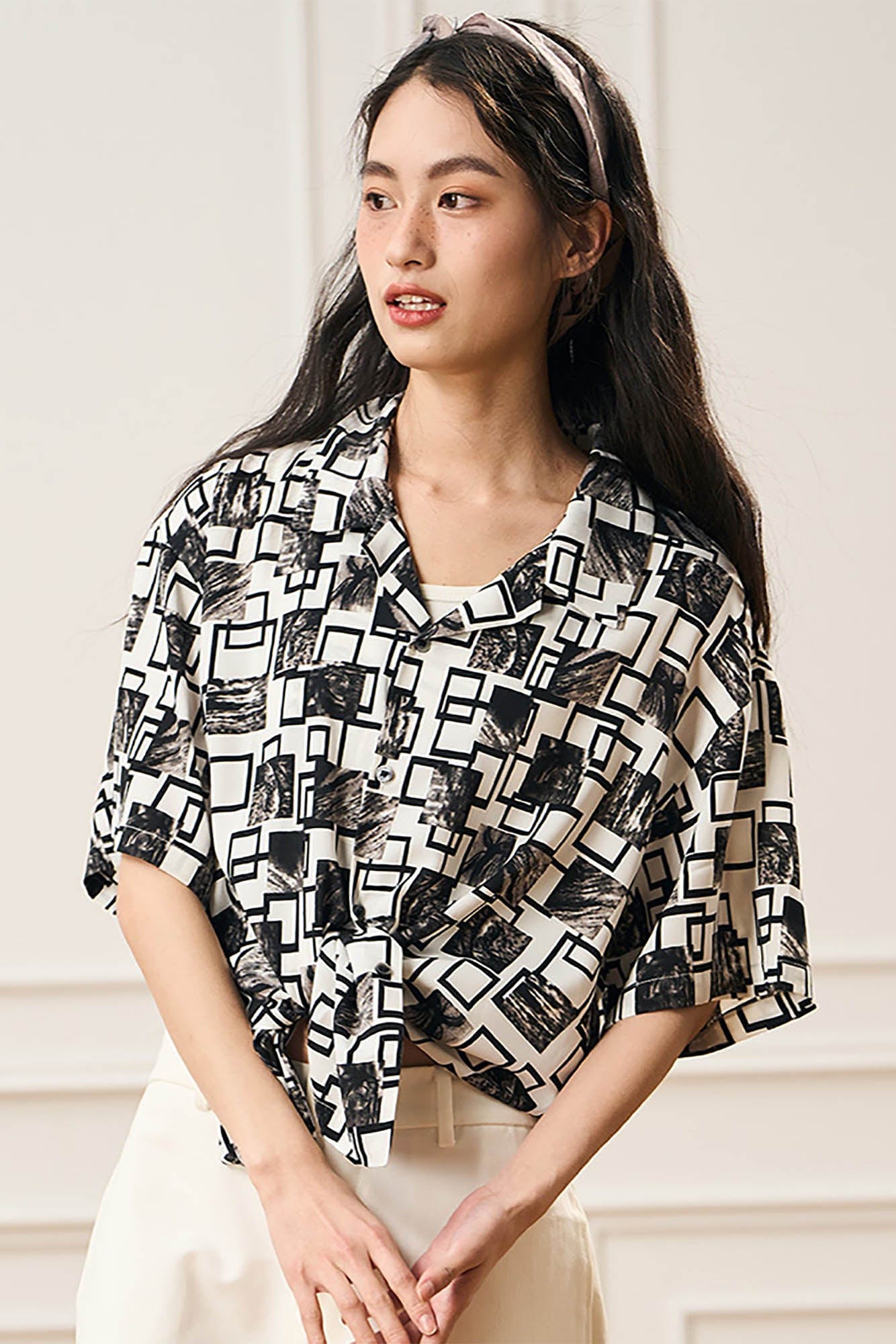 EPIC POETRY Monochrome Collage Grid Cuban Half Shirt