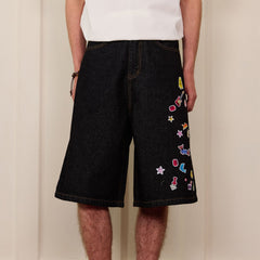DONSMOKE Whimsical Stickers Washed Raw-Edge Shorts