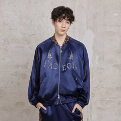 FACEONLAB Rivet Diamond Satin Leopard-Collar Jacket