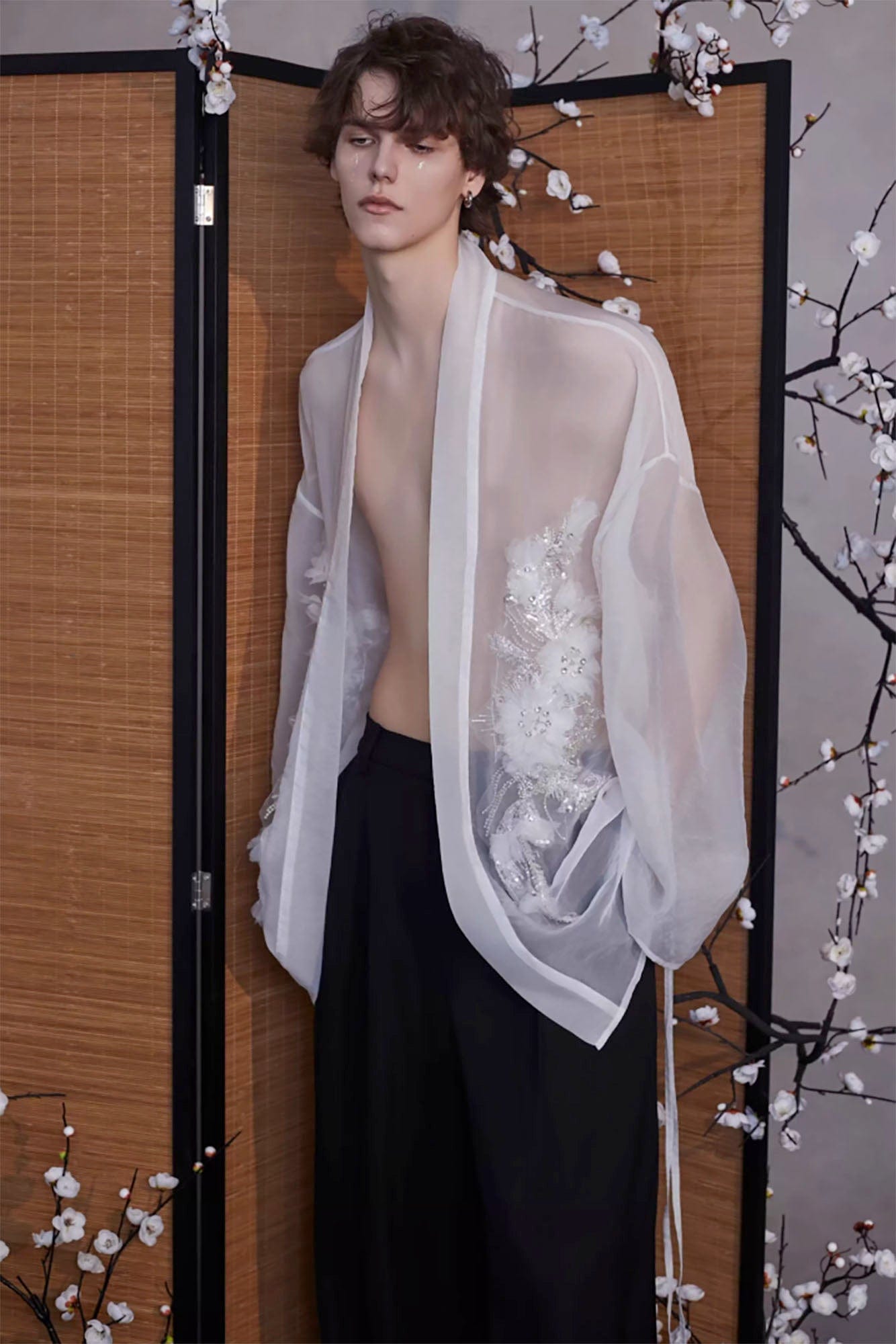 JIECHI Feathered Sequin Sheer Kimono Jacket