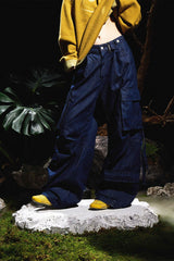 RELABEL Washed Crinkled Strap Wide-Leg Jeans