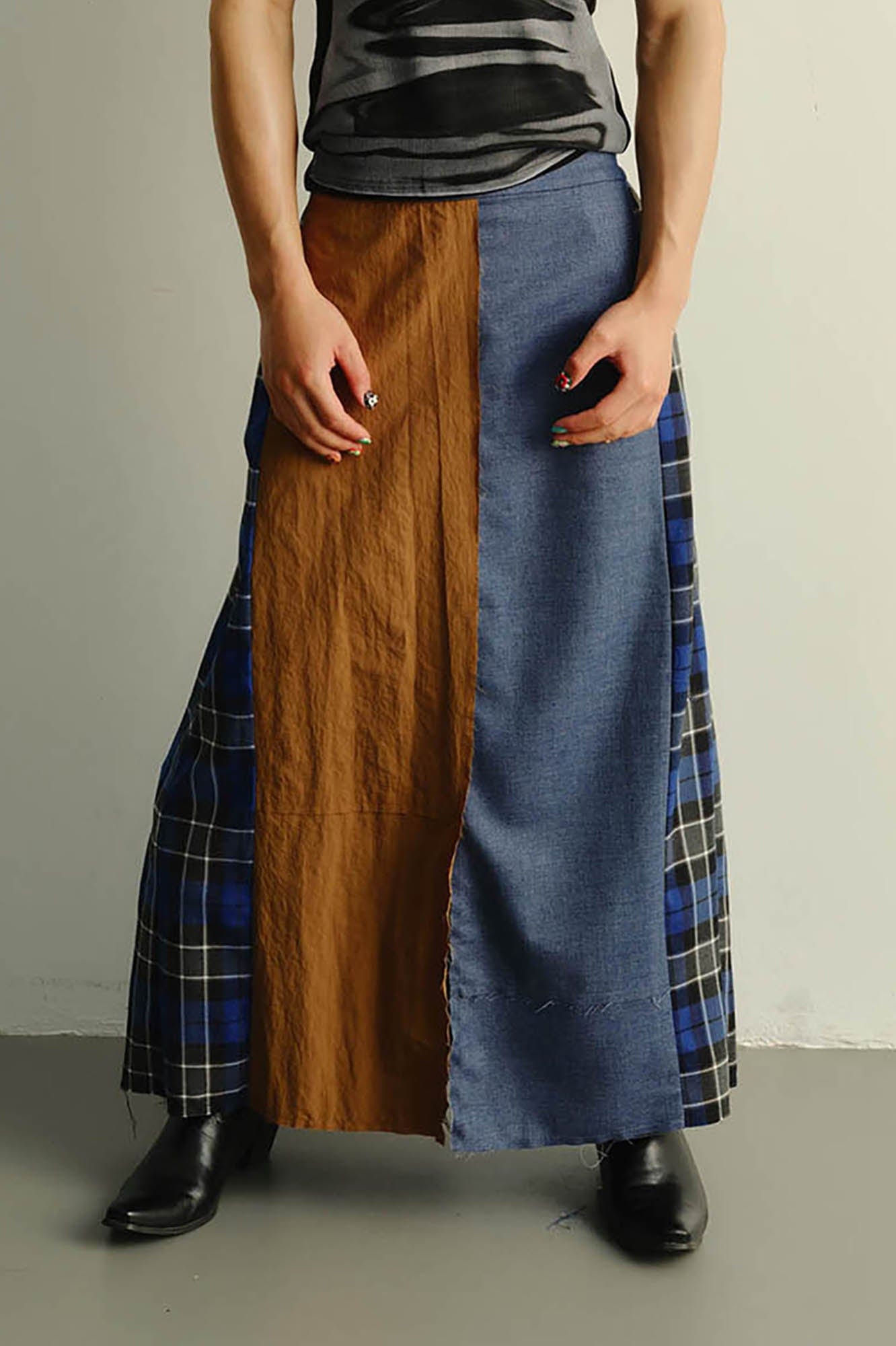 KADAKADA Paneled Reversible Plaid Raw-Edge Maxi Skirt