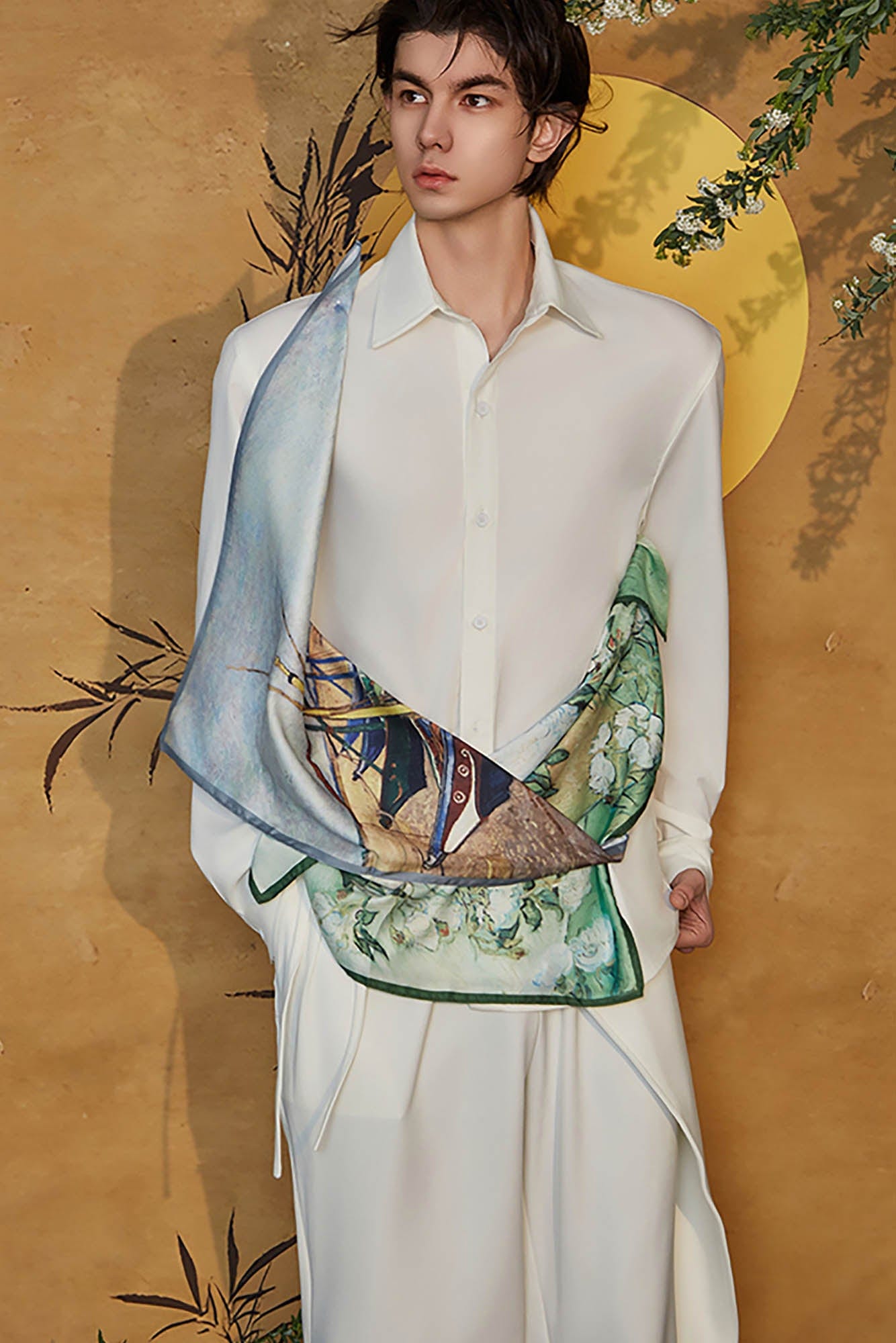 JIECHI Asymmetrical Scarf-Draped Graphics Shirt