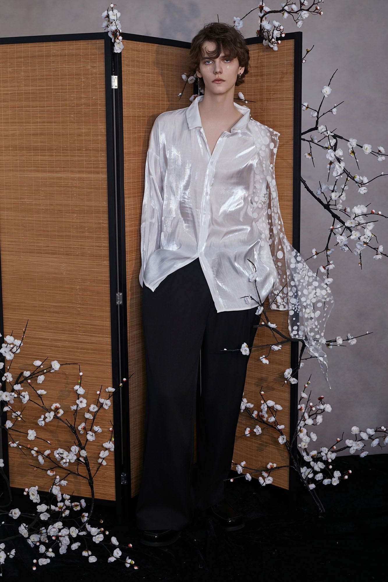 JIECHI Dots Tulle Drape Iridescent Shirt