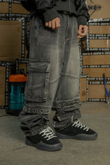 BLACK8MOB Washed Multi-Pocket Grommet Stacked Cargo Jeans