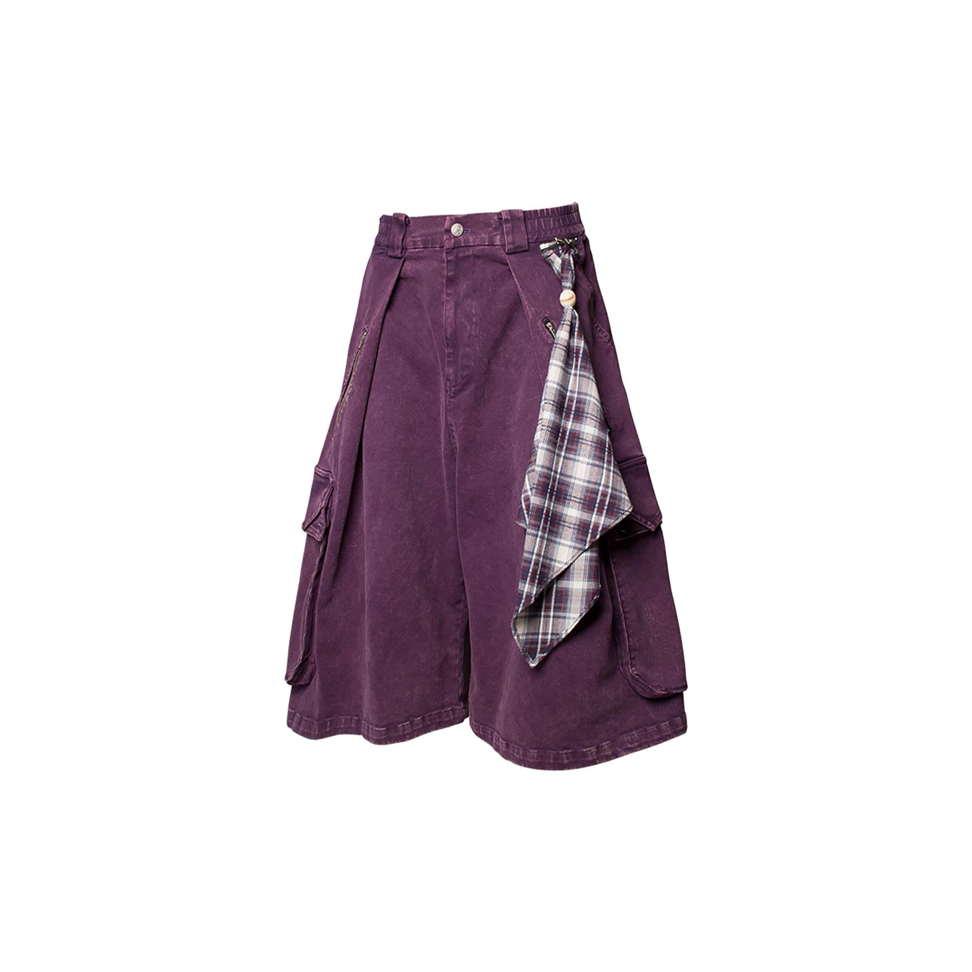 RELABEL Detachable Scarf Washed Multi-Pocket Wide-Leg Shorts