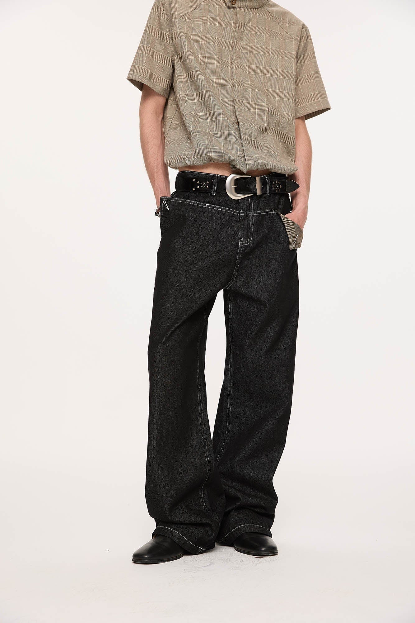KREATE Panel Flap Plaid Pocket Jeans