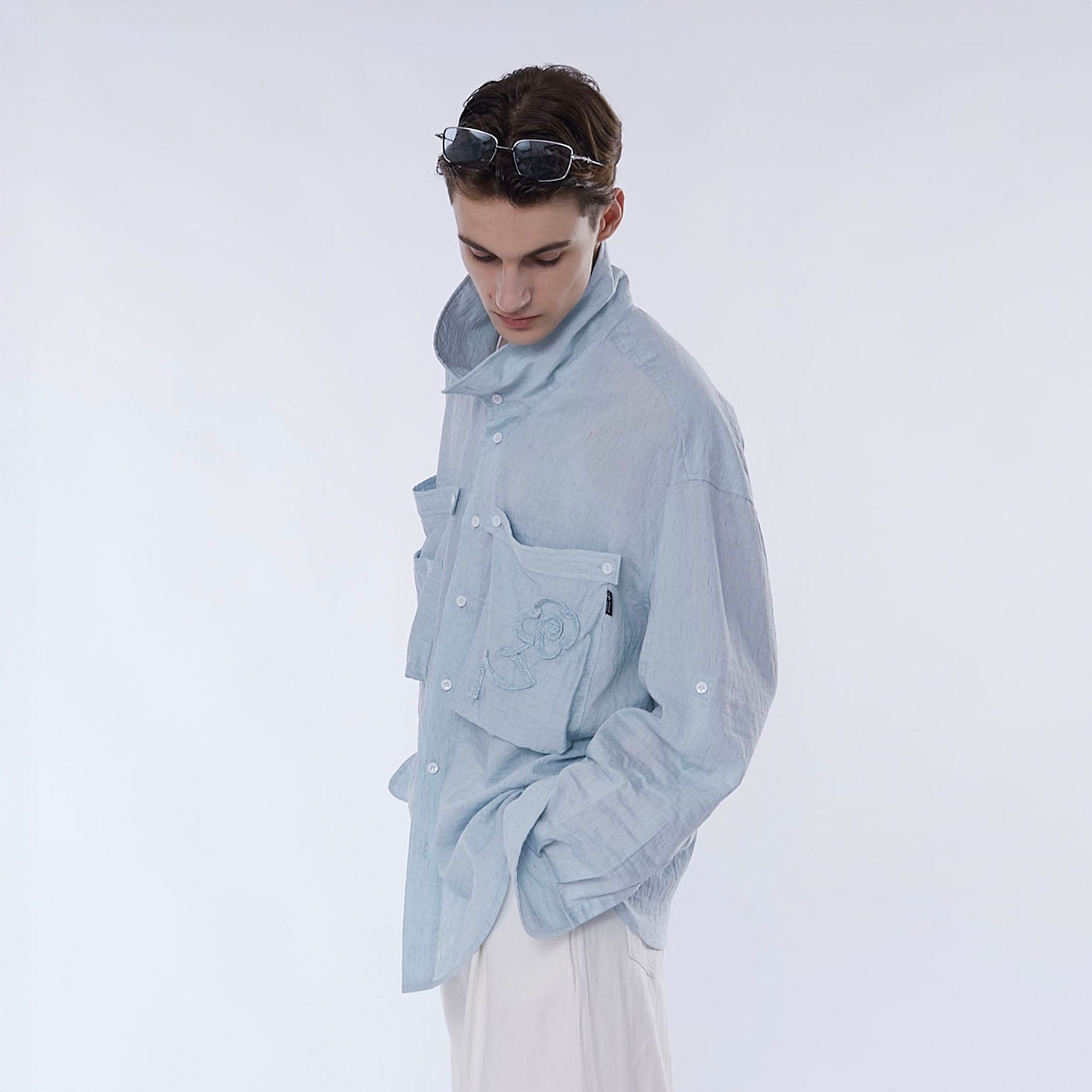 ASSEEN Rose Embroidered Pocket Linen-Blended Overshirt