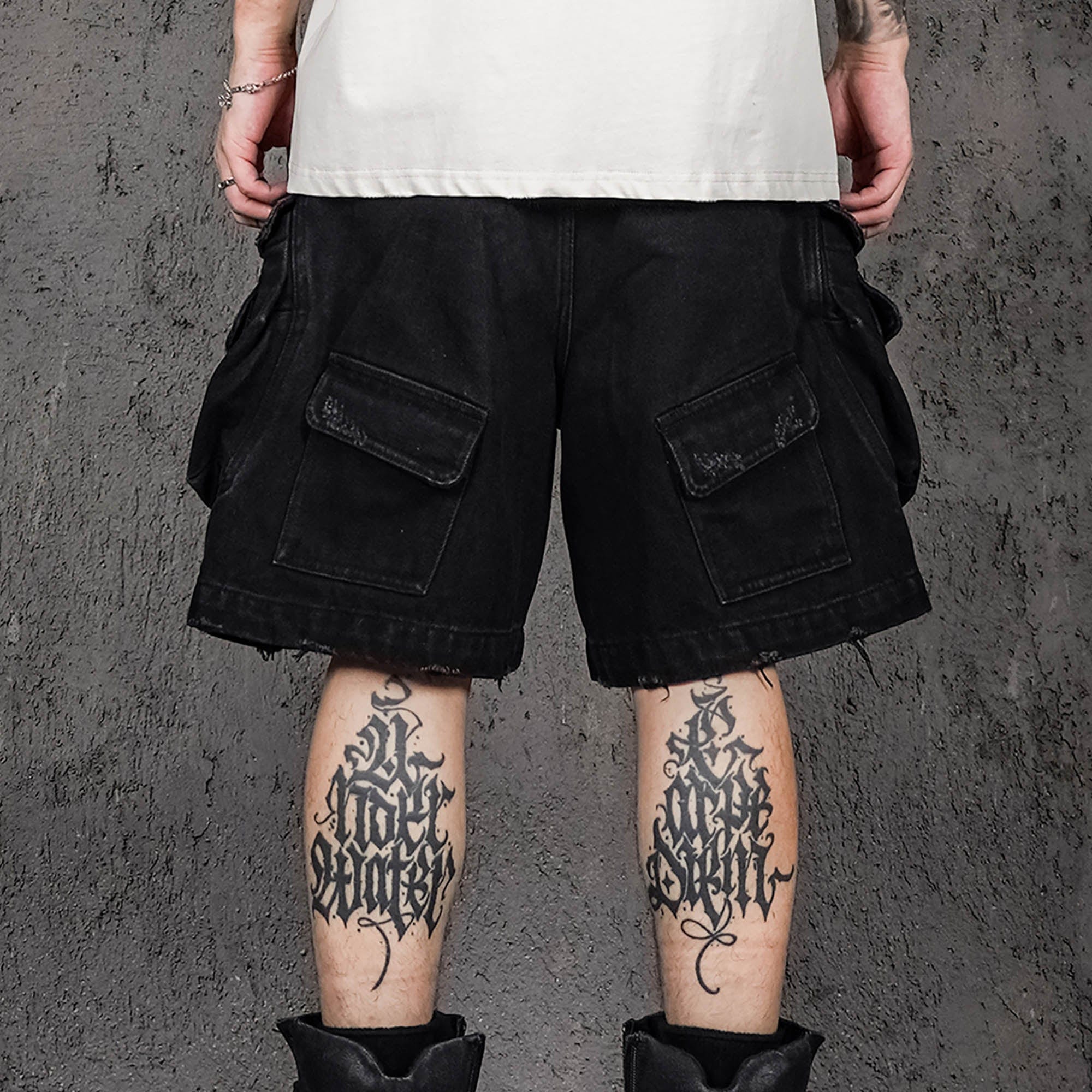 UNDERWATER Layered-Pocket Distressed Denim Shorts