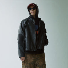 F2CE Modern Deconstructed Faux Leather Biker Jacket Black