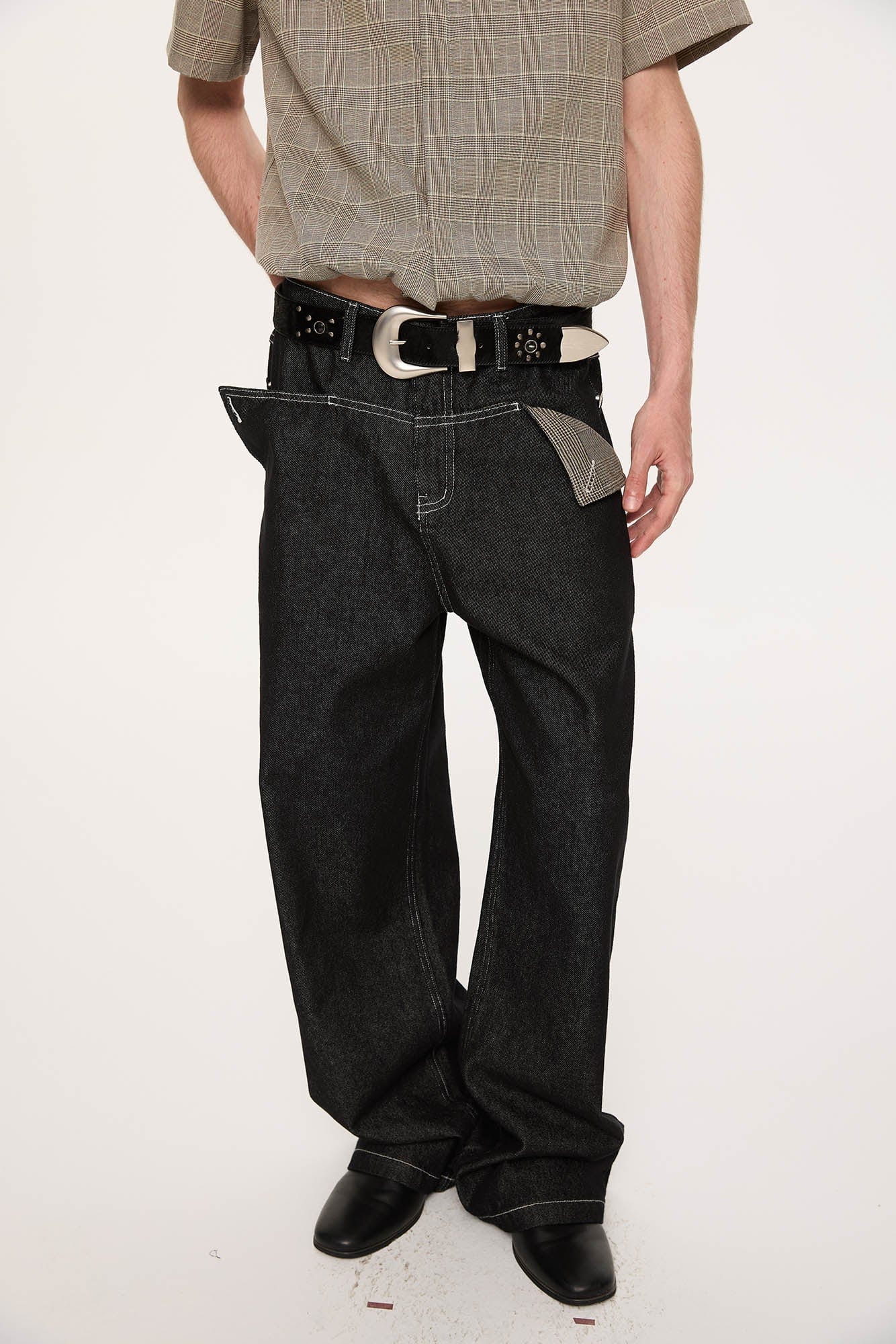 KREATE Panel Flap Plaid Pocket Jeans