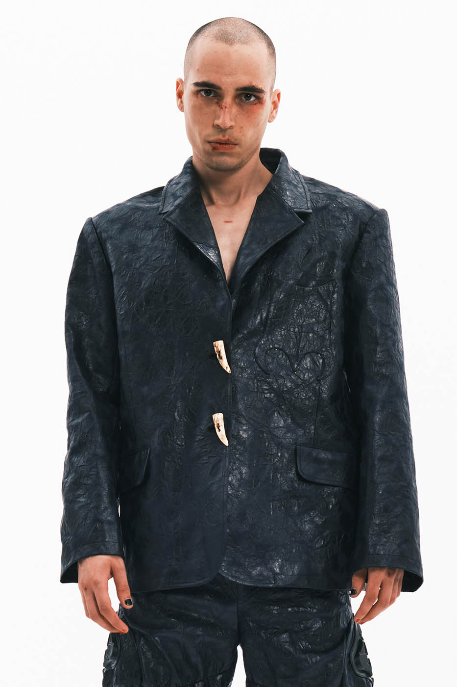 EMBRYO Crinkled Textured Faux Leather Blazer