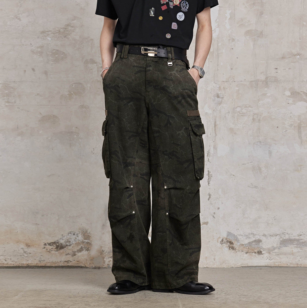 FACEONLAB Distressed Cracked Crinkled Multi-Pocket Military Cargo