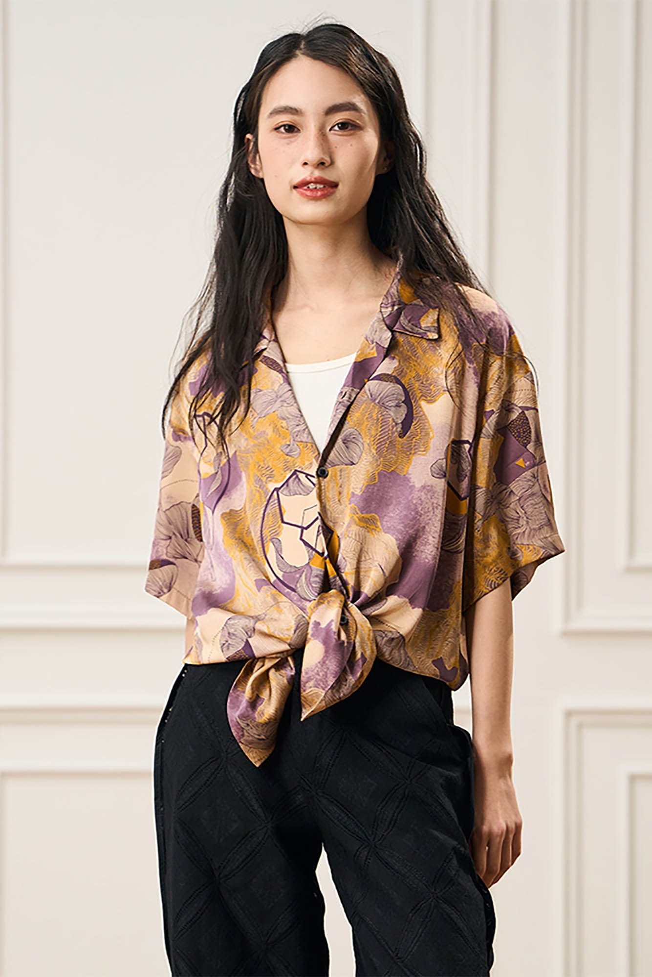 EPIC POETRY Botanic Geometry Satin Cuban Half Shirt