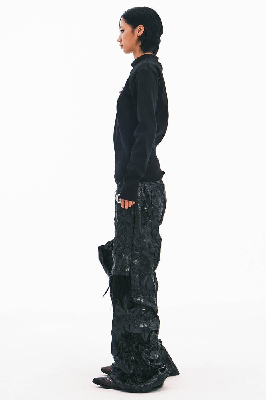EMBRYO Deconstructed Faux Leather Bone Wrinkled Wide-Leg Pants