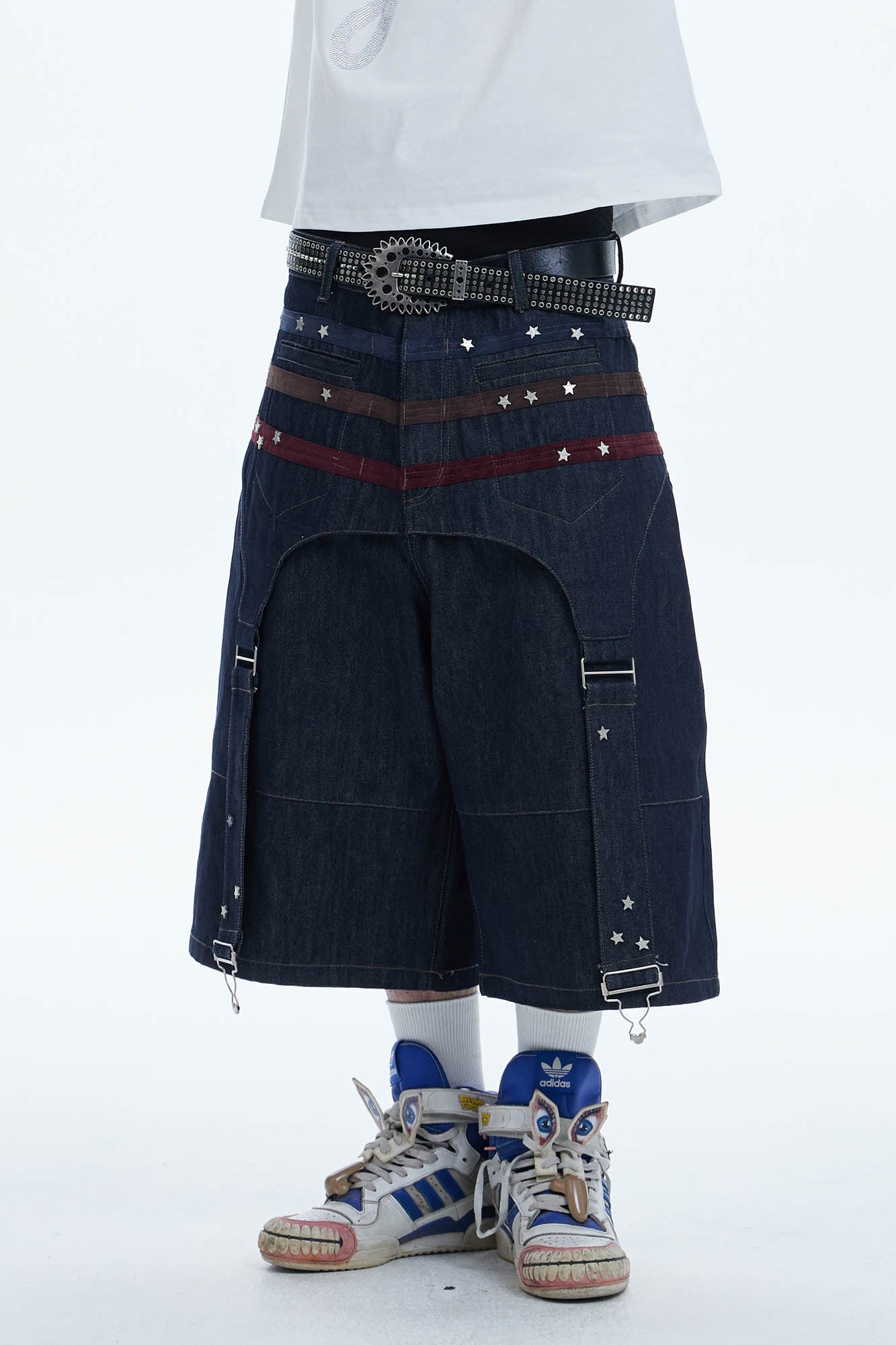 DND4DES Star-Rivet Harness-Layered Denim Shorts