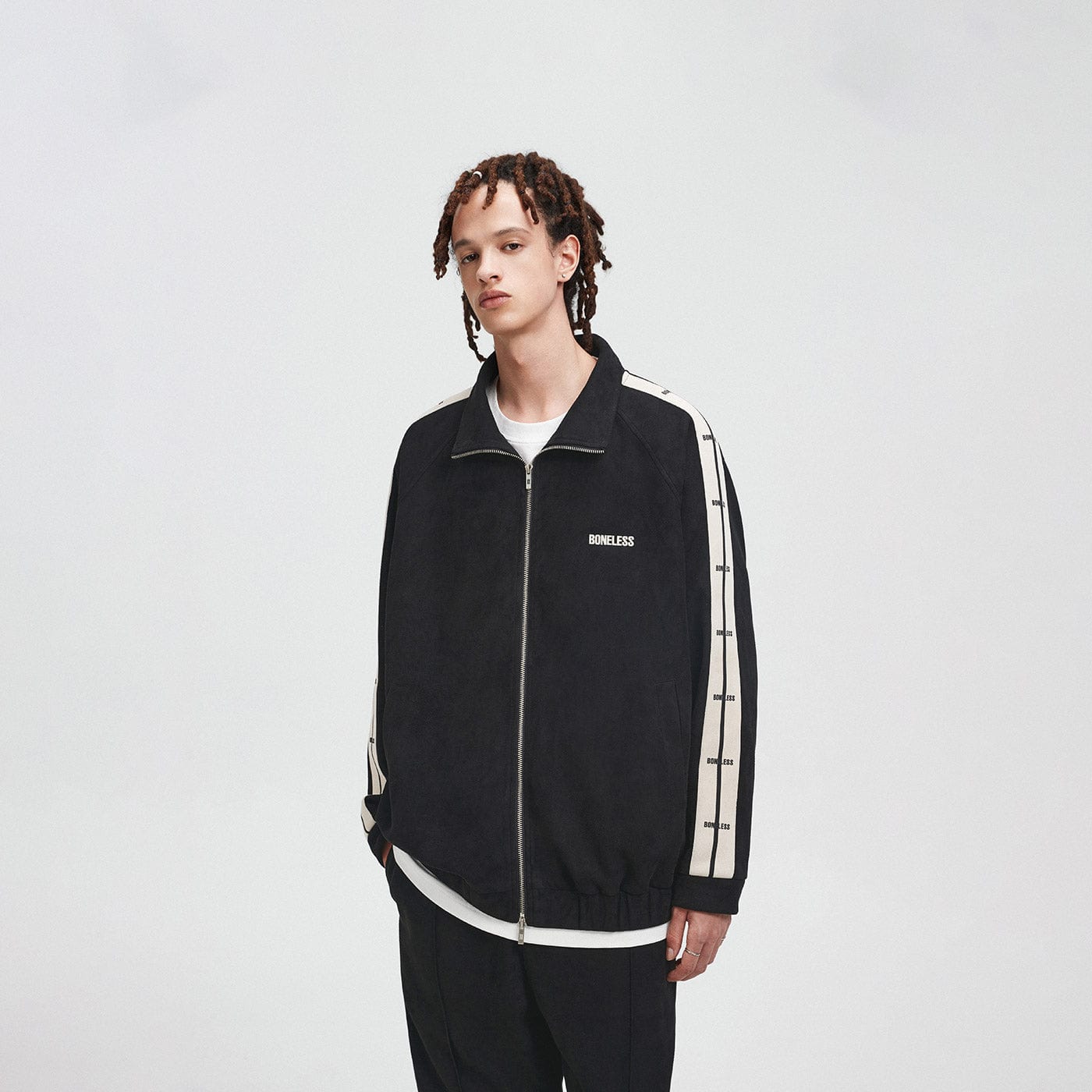 BONELESS Contrasted Striped Faux Suede Jacket