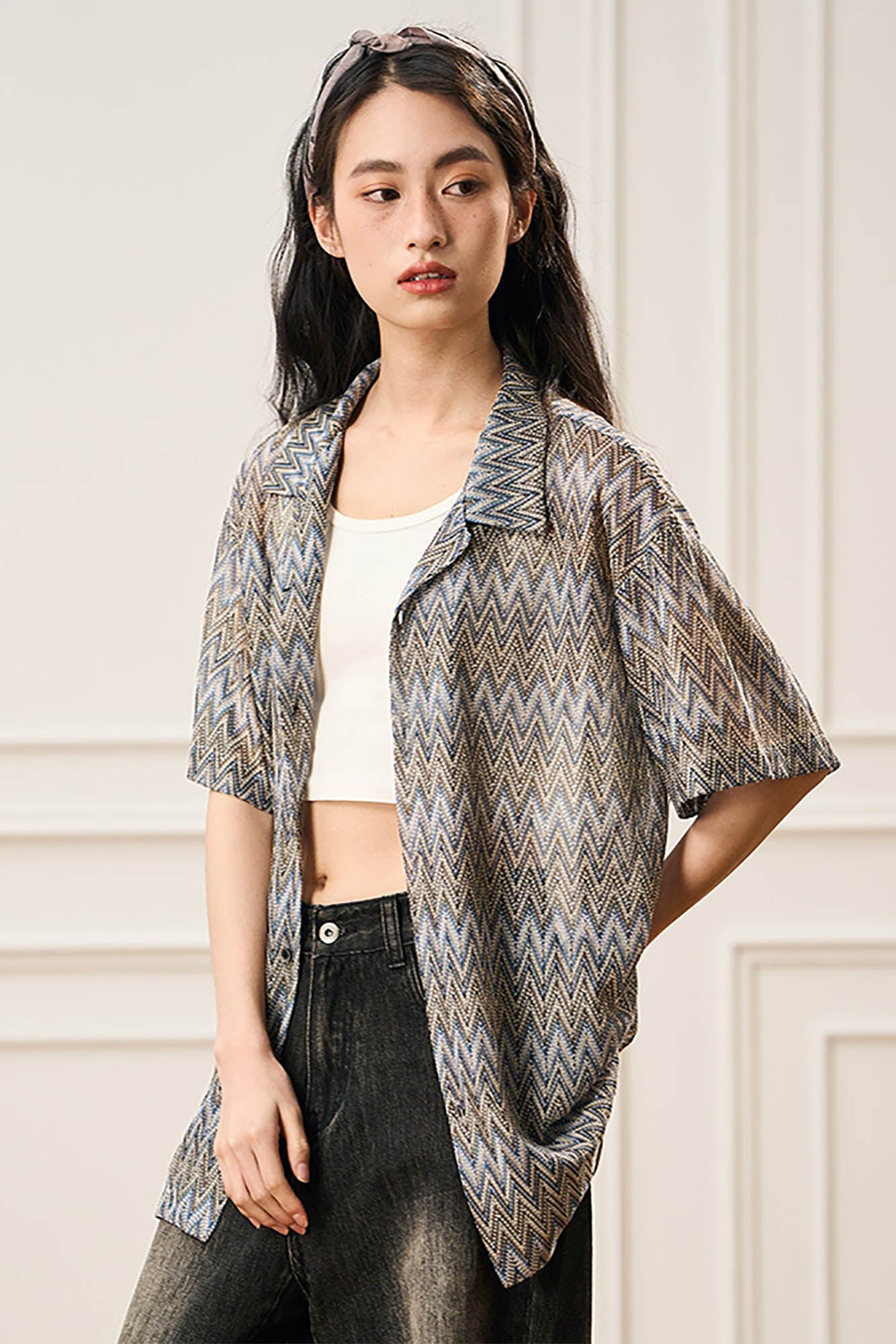 EPIC POETRY Geometric Ripple Knitted Half Shirt Sandstone