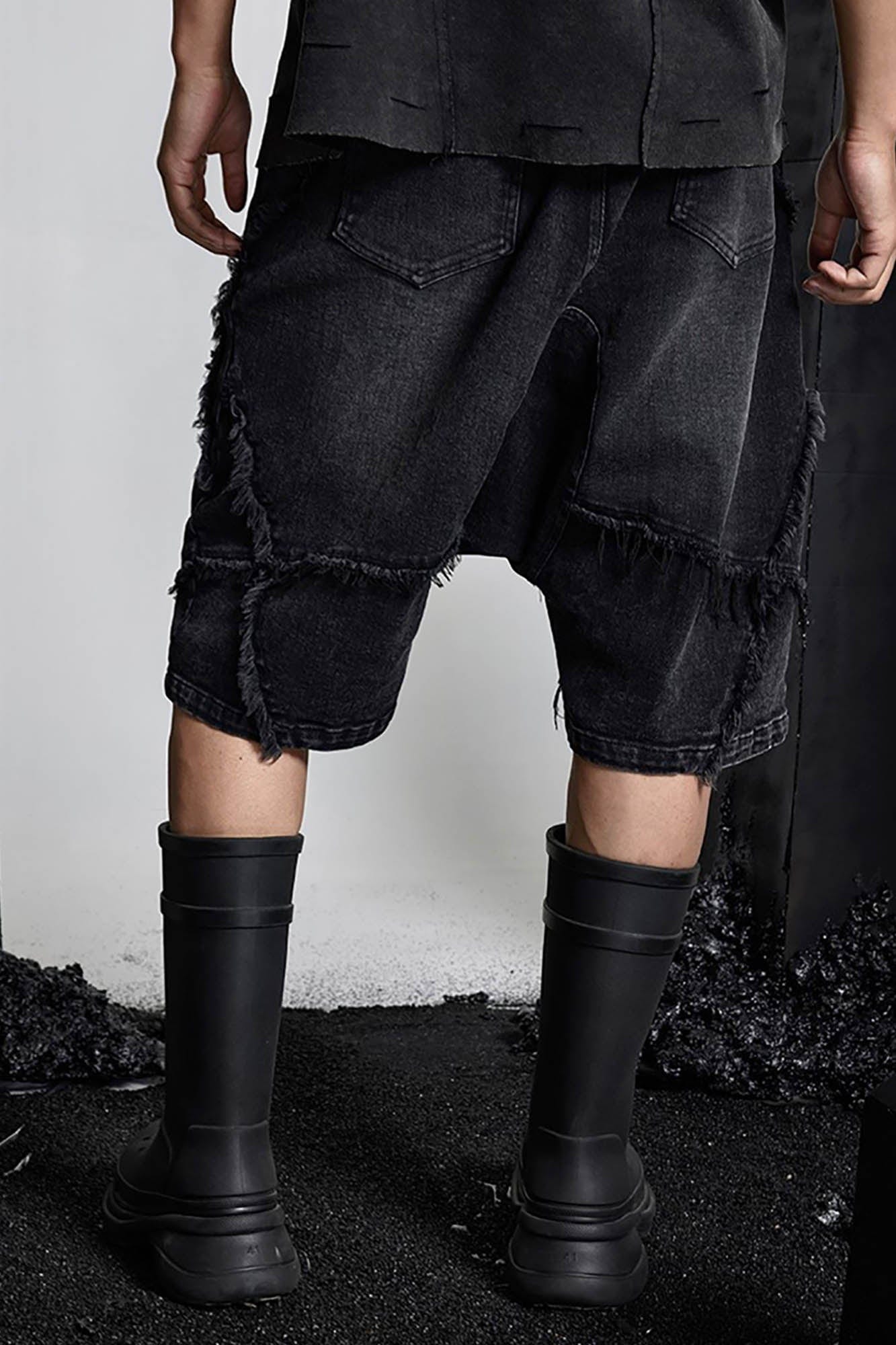 SSIN7 Washed Frayed Spliced Denim Shorts