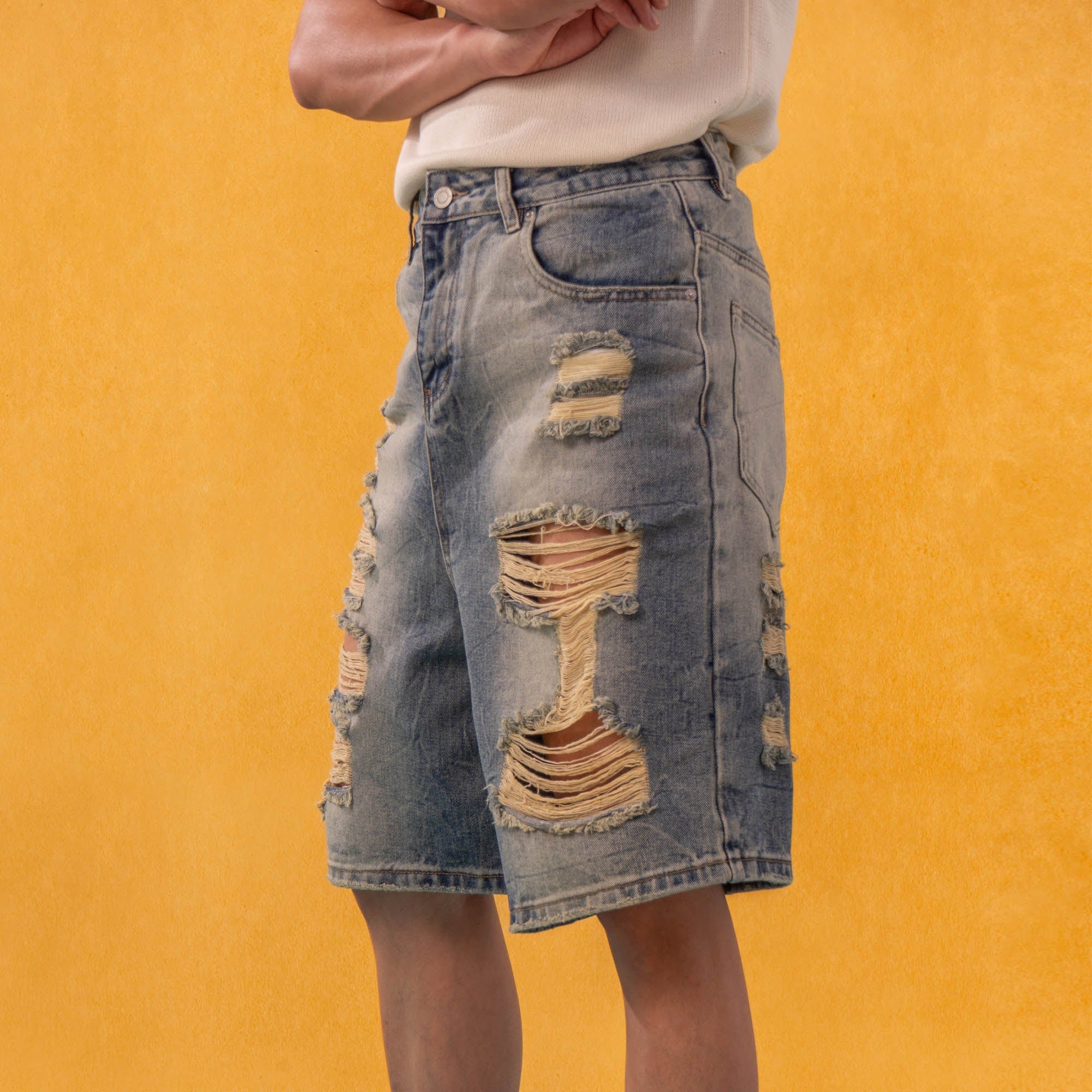 CLP Destroyed Frayed Washed Denim Shorts