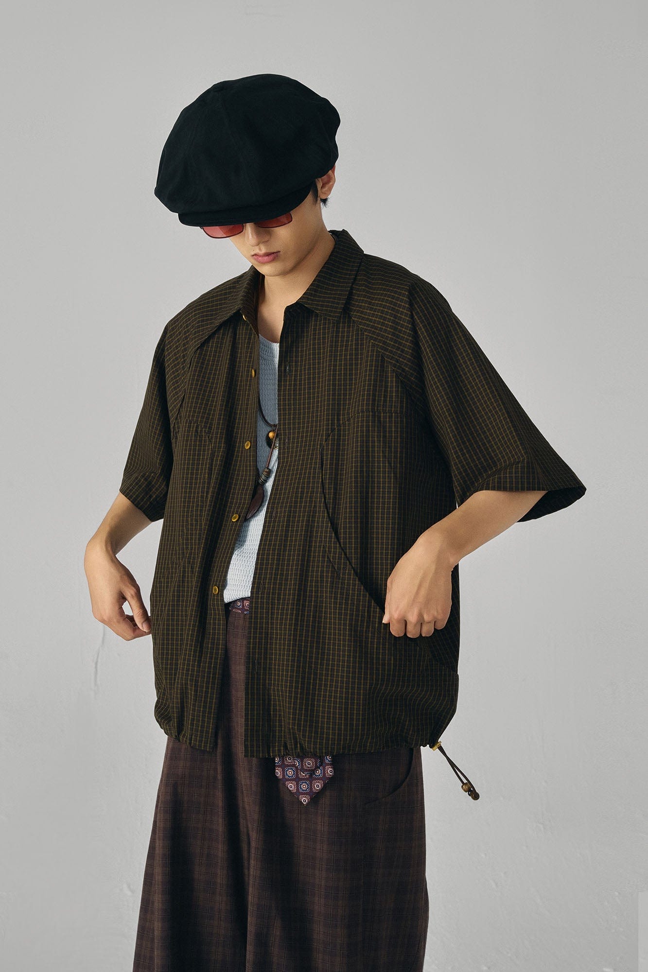 GONGHE REPUB Retro Checked Curved Spliced Drawstring Half Shirt