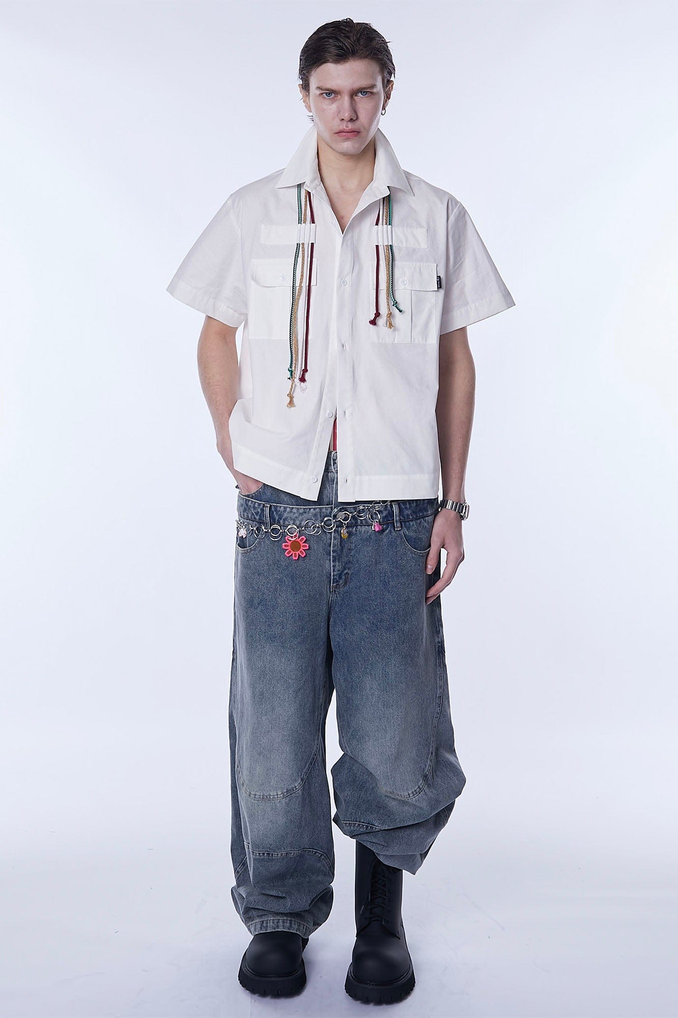 ASSEEN Cord Tassel Pocket Half Shirt