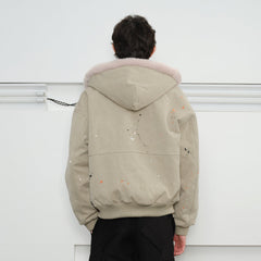 KREATE Rivet Zipper Paint-splattered Fleece-Lined Hooded Jacket