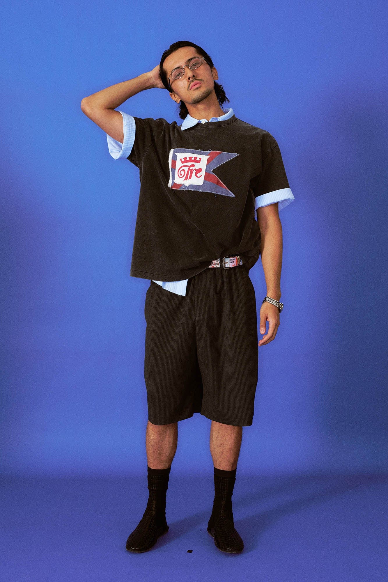TRECLUB Frayed Patch Flag Washed T-Shirt