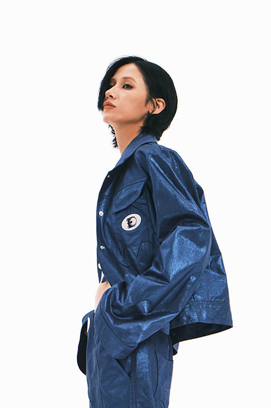 EMBRYO Metallic Sheen Embossed Spiked Sleeve Jacket