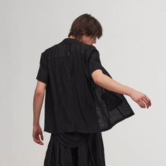 ILNya Nieternite Nifutur Stripe Crinkled Spliced Layered Collar T-Shirt Black