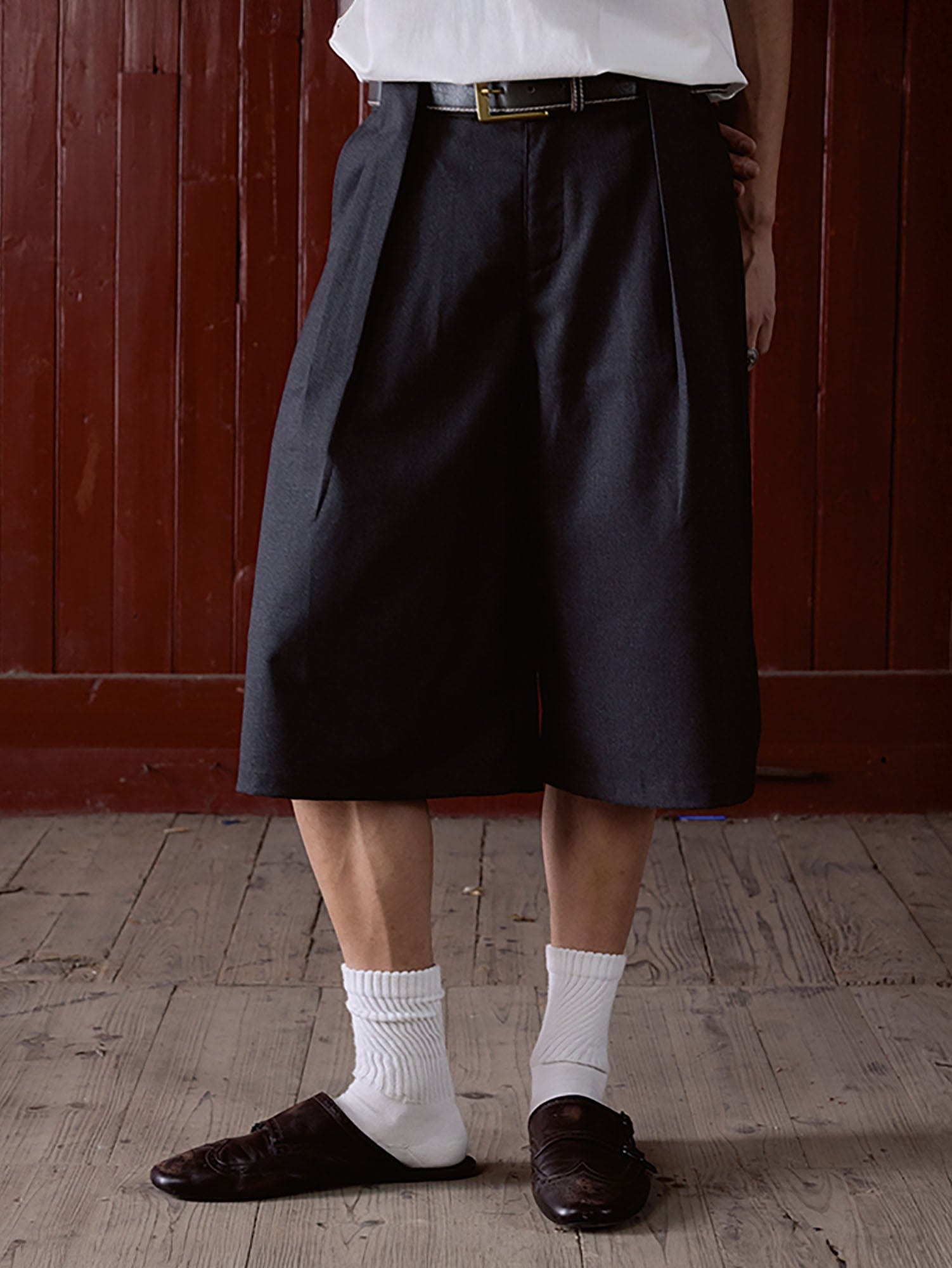 IN EXISTENCE Double-Pleated Mini Check Wide-Leg Shorts