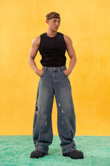 CLP Inverted-Waist Hem Paneled Distressed Jeans