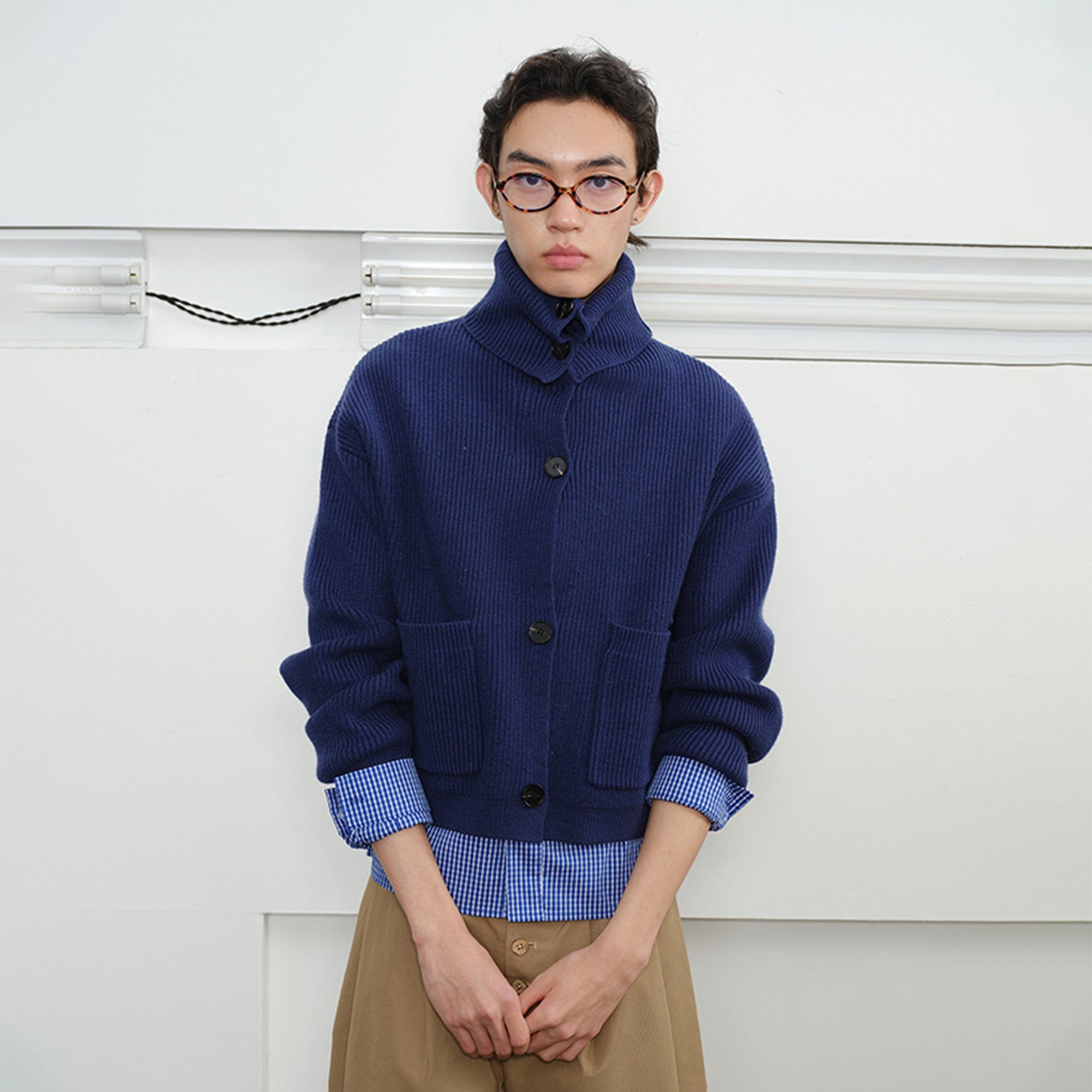 KREATE High-Collar Big-Pocket Button-Up Knitted Jacket