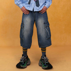 CLP Retro Multi-Pocket Knee-Length Denim Shorts